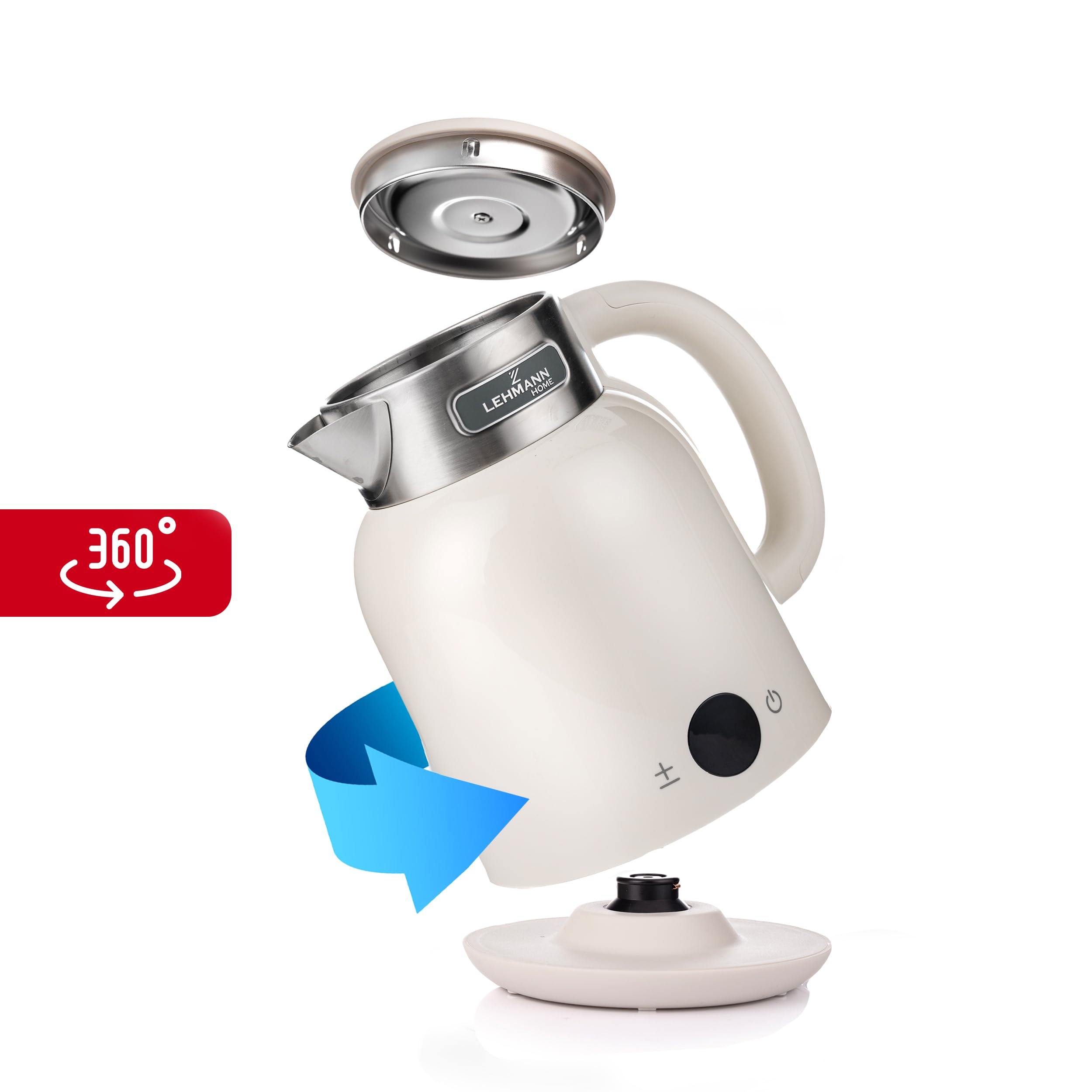 Un bollitore elettrico beige fluttua con coperchio e base staccati, circondato da una freccia blu a 360 gradi.