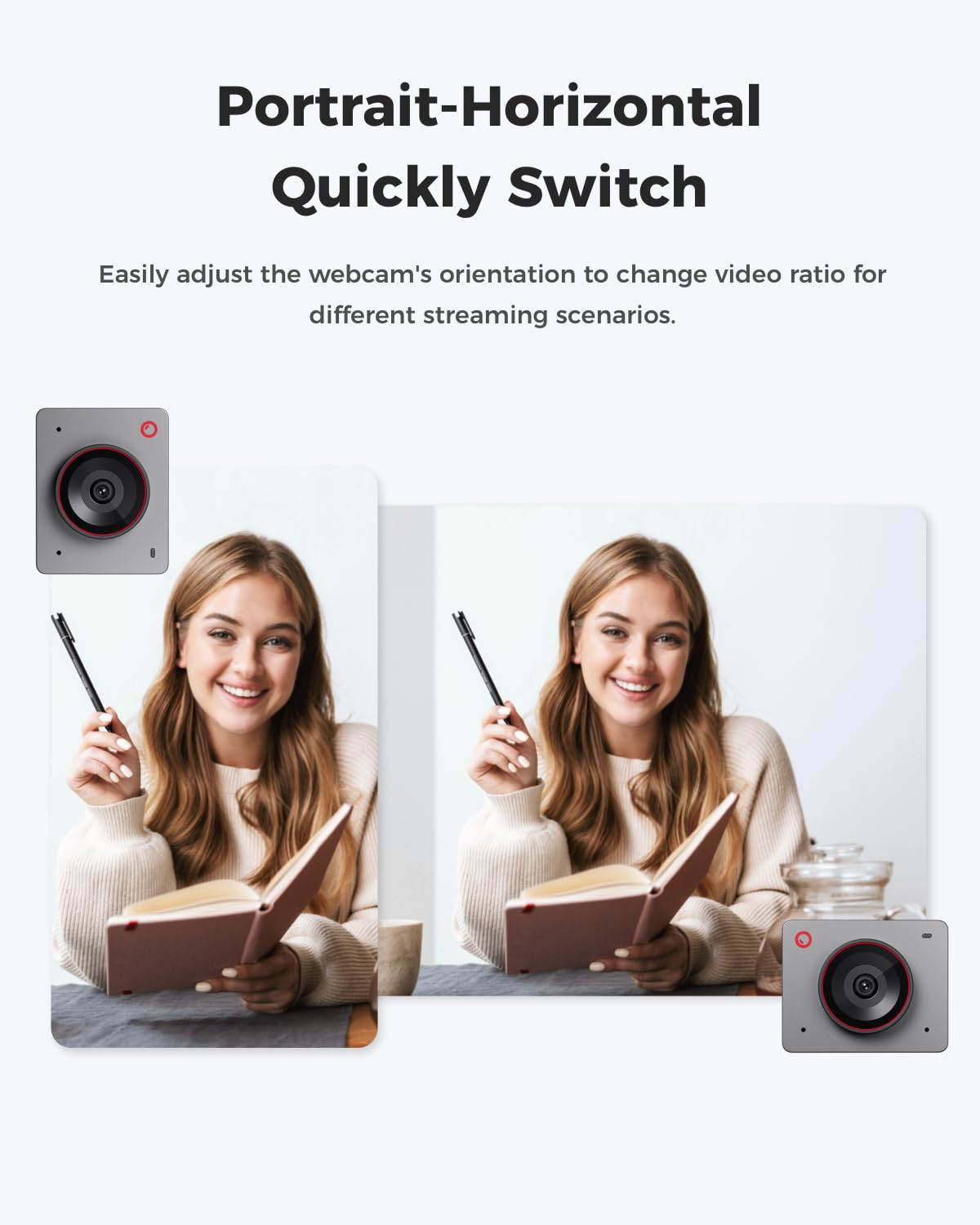 Webcam che mostra modalità verticale e orizzontale per streaming.