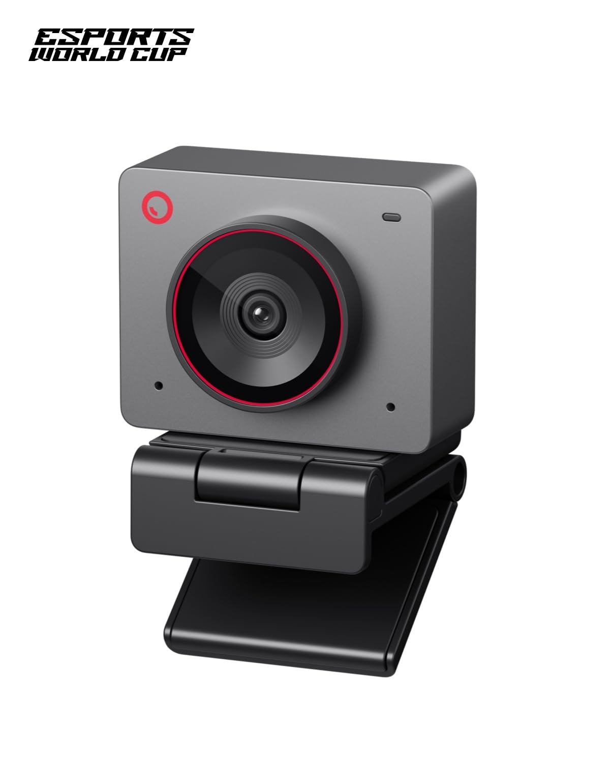 Webcam grigia con un anello rosso attorno all'obiettivo e il logo dell'Esports World Cup.
