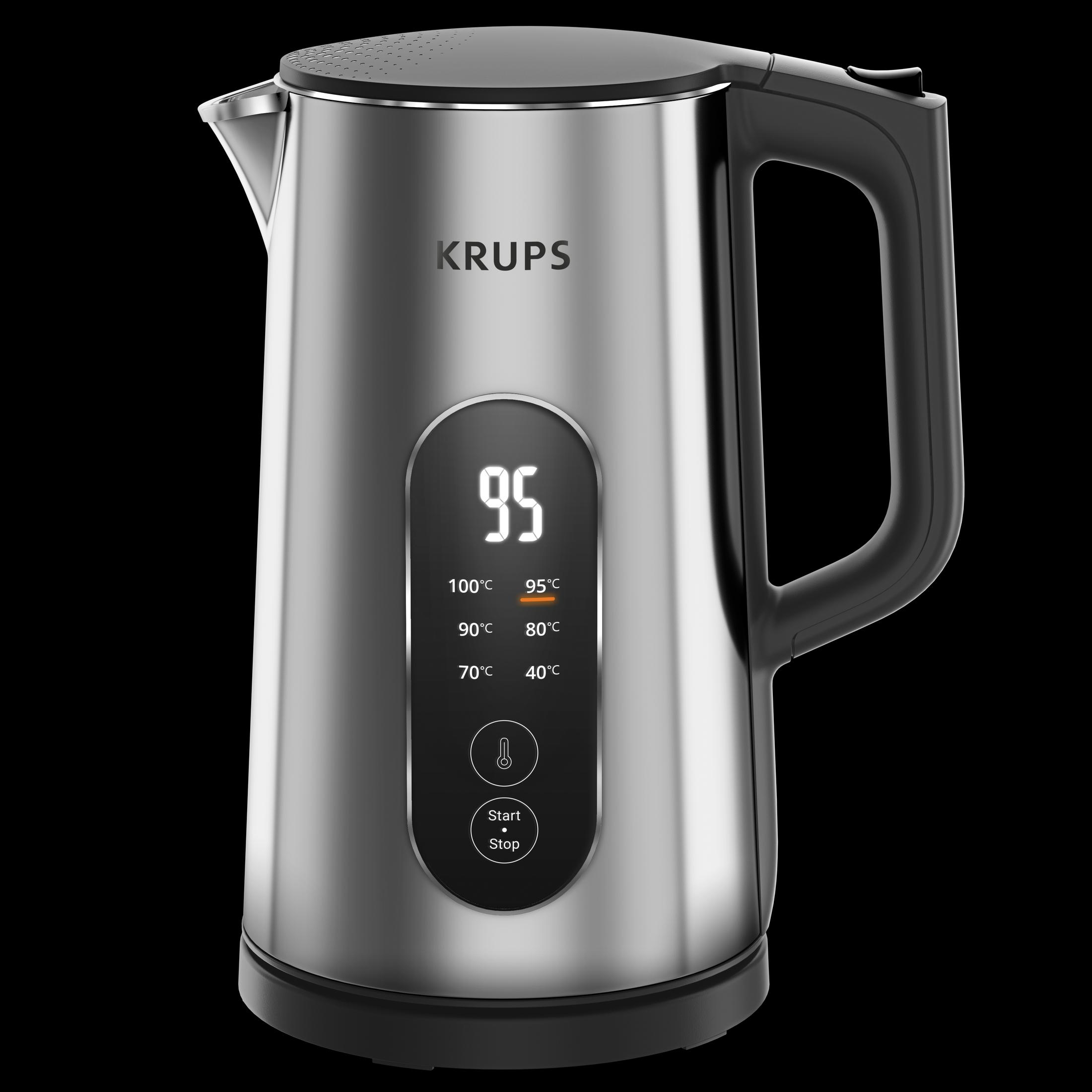 Bollitore elettrico Krups argentato con display digitale della temperatura.
