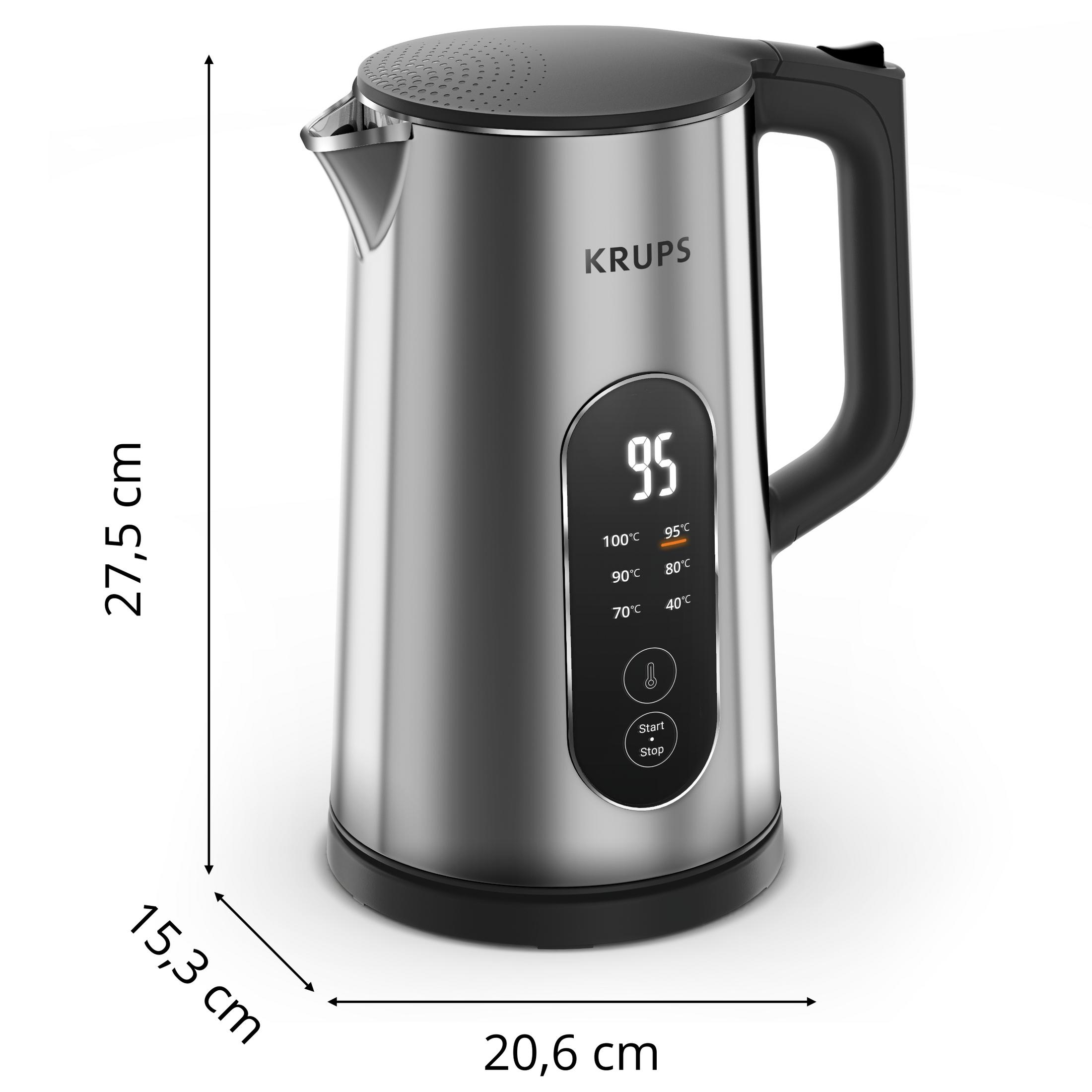 Un bollitore elettrico KRUPS argentato con display digitale e dimensioni 27,5 x 20,6 x 15,3 cm su sfondo bianco.