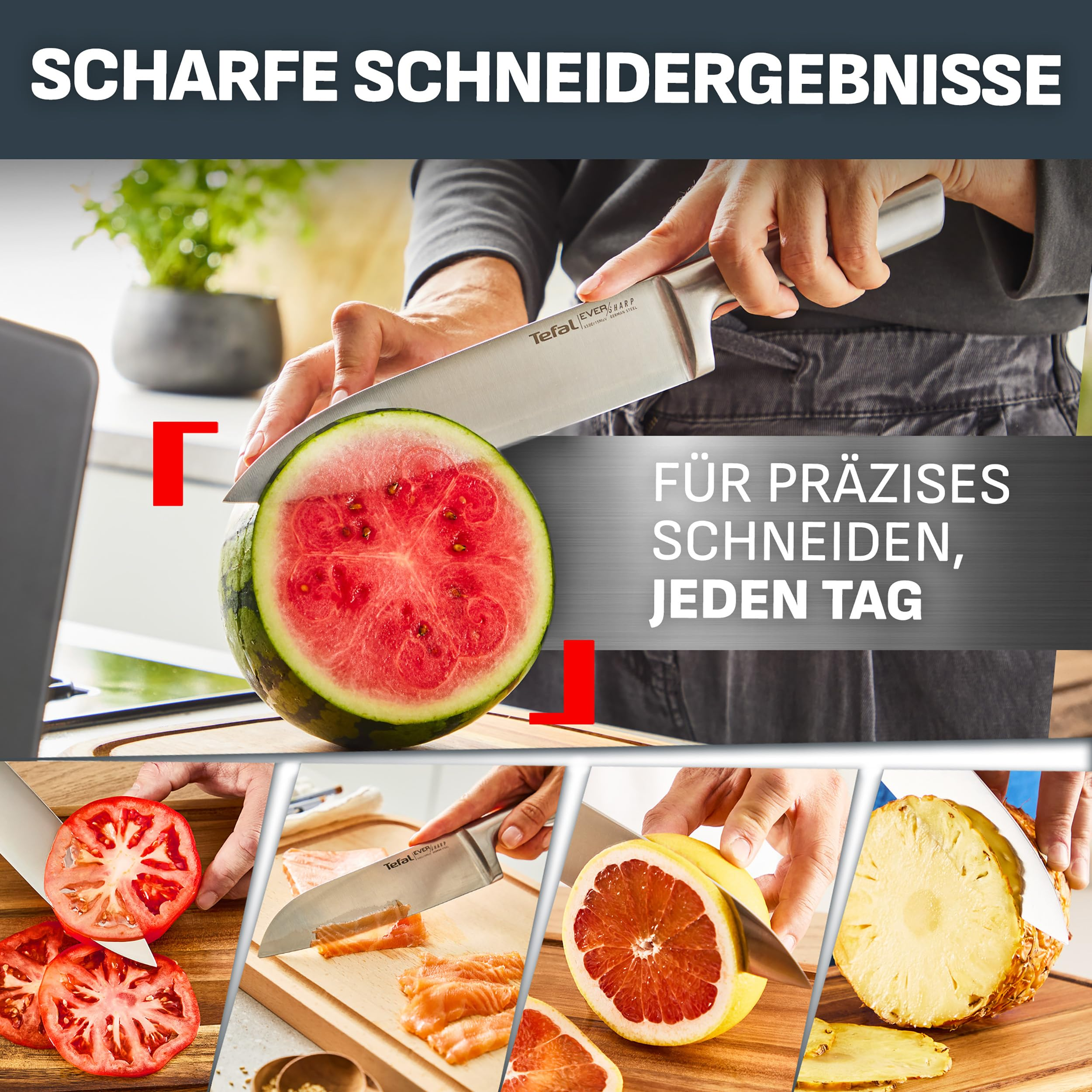 Ein Mensch schneidet eine Wassermelone mit einem Tefal-Messer. Darunter Bilder beim Schneiden von Tomaten, Lachs, Grapefruit und Ananas.