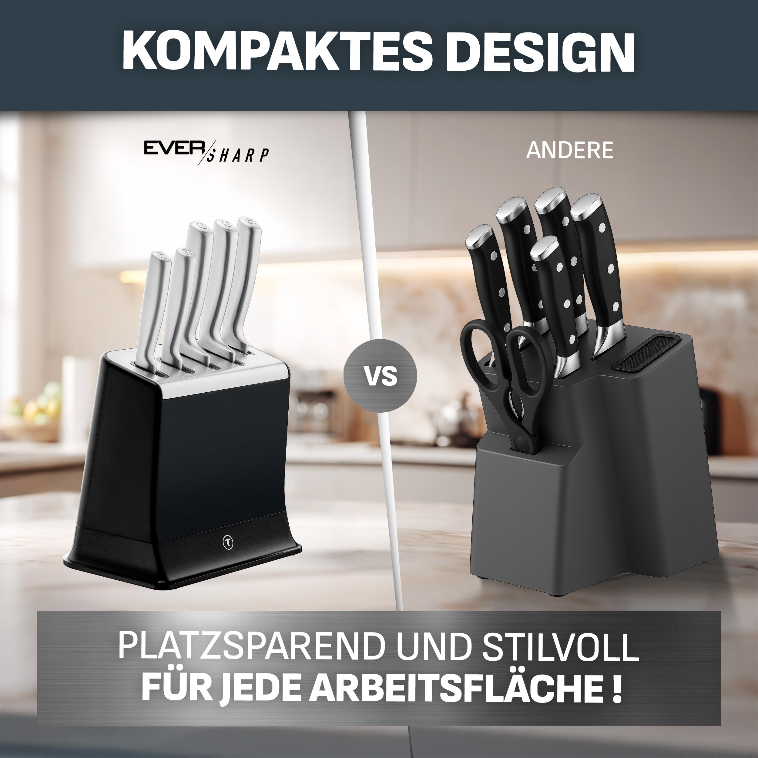 Vergleich zweier Messerblöcke auf einer Küchentheke, links ein kompakter Eversharp-Block und rechts ein anderer Block.