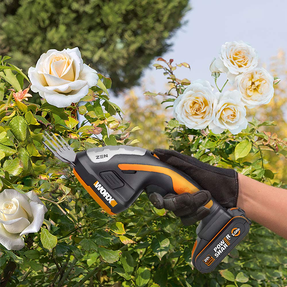 Eine bemalte Hand hält eine schwarze und orangefarbene Worx Akku-Strauchschere beim Beschneiden weißer Rosen.
