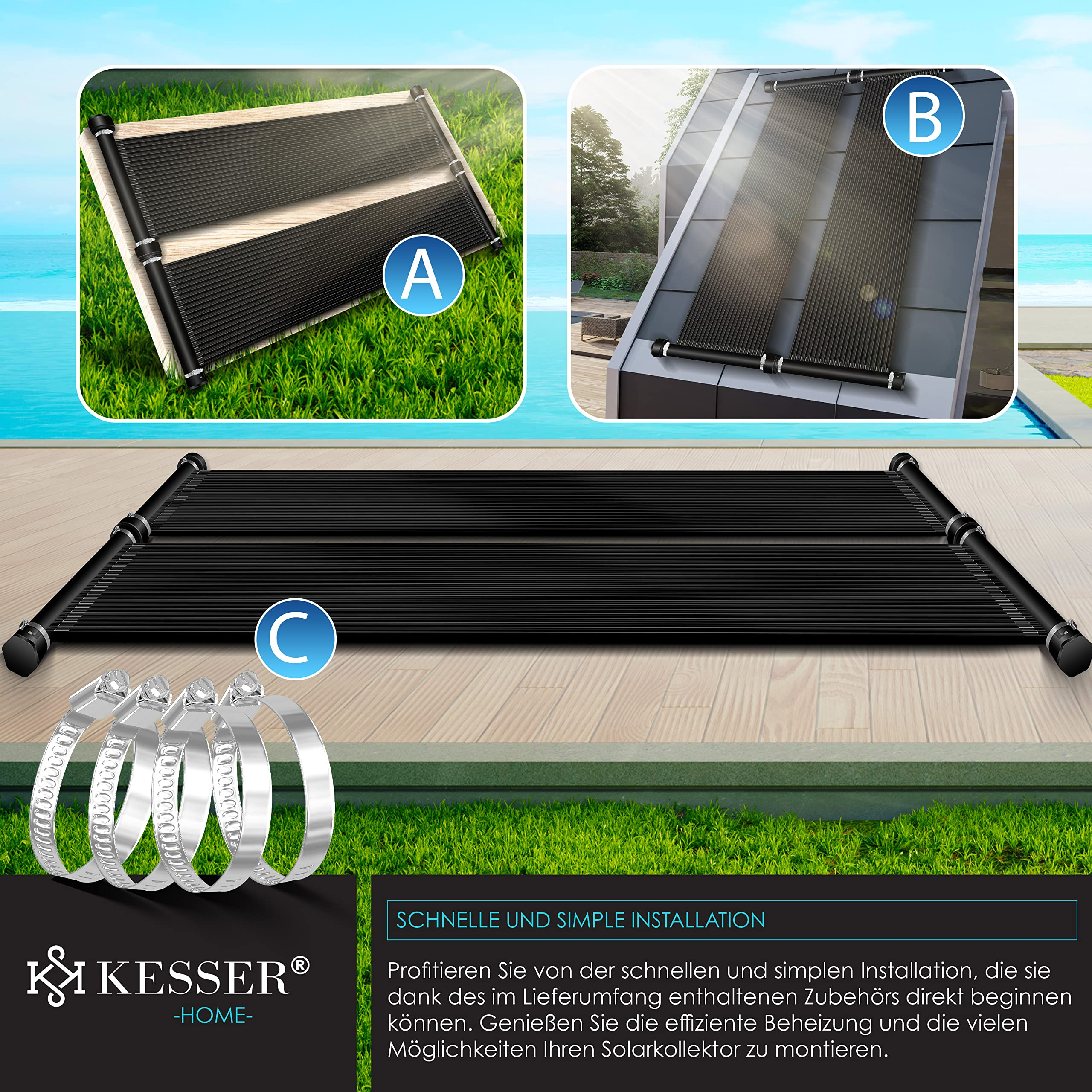 Riscaldatore solare nero Kesser per piscina con accessori per una facile installazione.