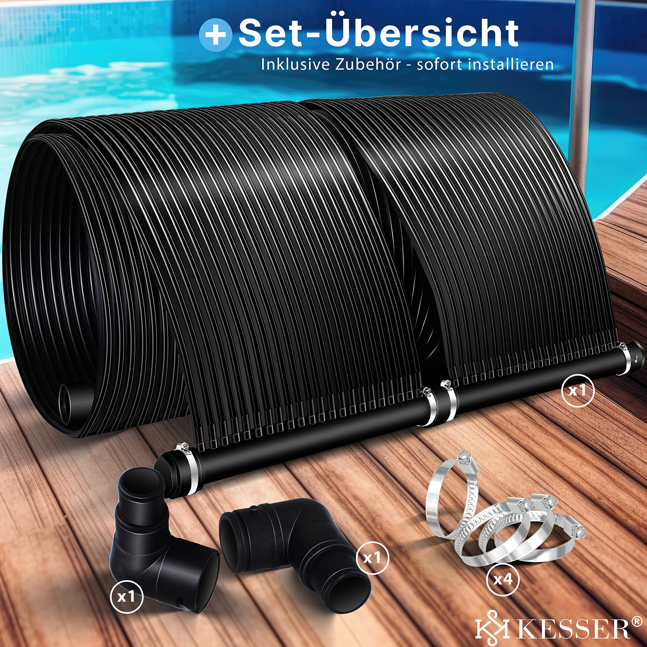 Collettori solari neri per piscina con accessori di installazione su pavimento in legno.