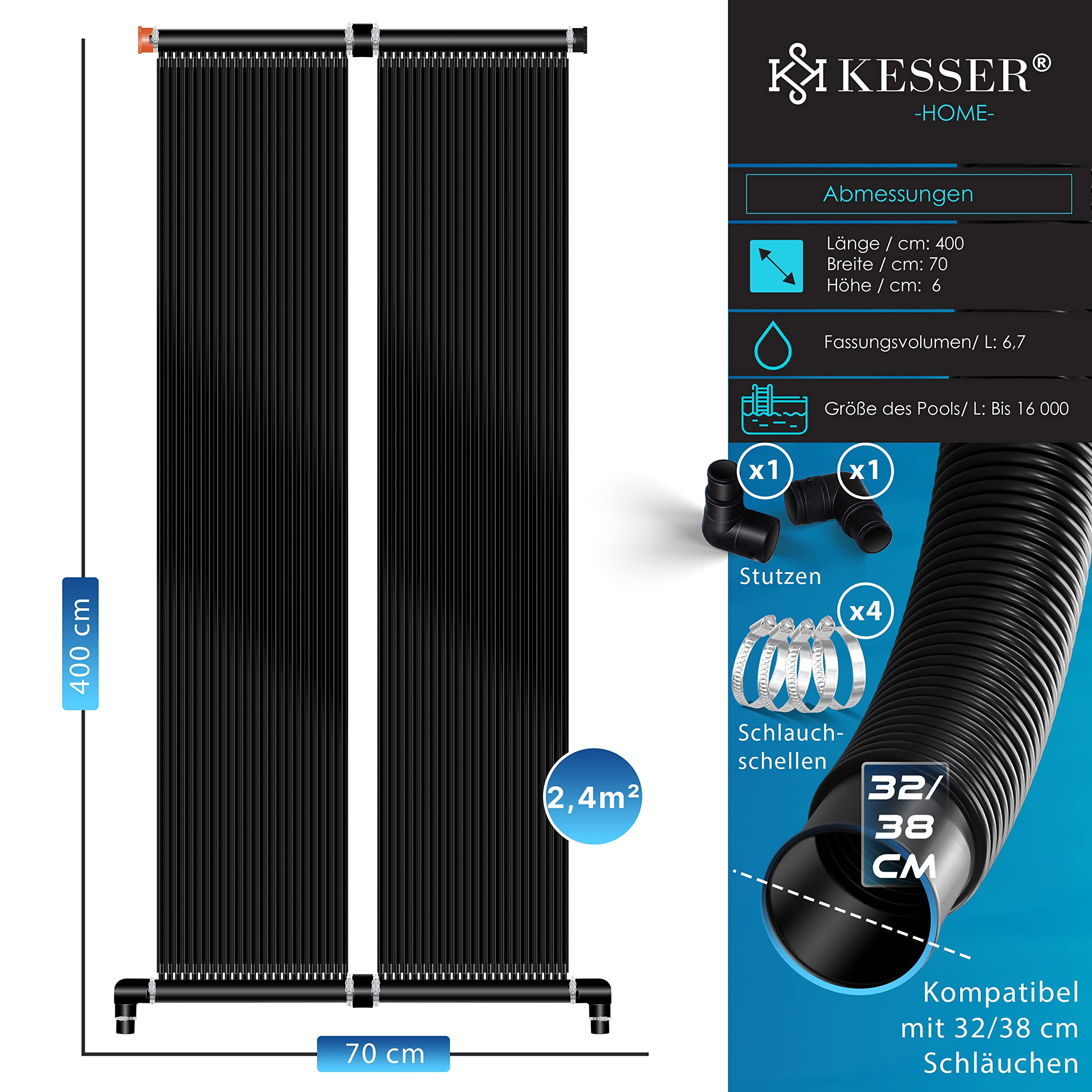 Disegno tecnico di un assorbitore solare Kesser nero con dimensioni, parti e accessori su sfondo blu.