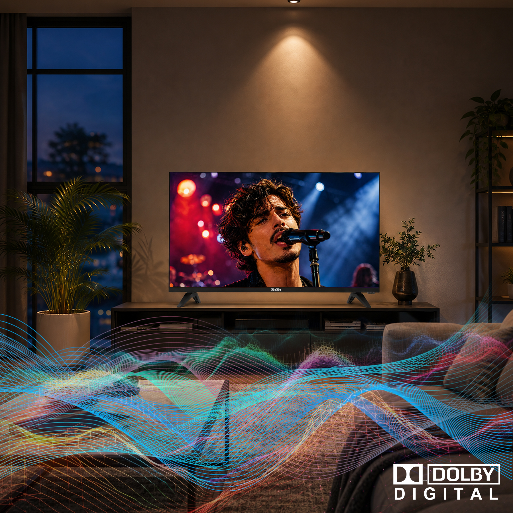 Ein Wohnzimmer mit einem Fernseher, der einen Sänger zeigt, und bunten digitalen Schallwellen im Vordergrund.