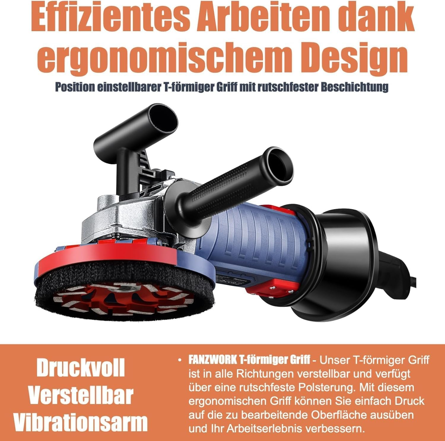 Blaue Winkelschleifmaschine mit rotem Schutz und verstellbarem T-Griff auf weißem Hintergrund.