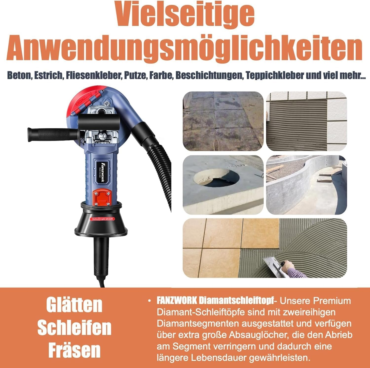 Blaue Fanzwork Schleifmaschine mit Zubehör und Anwendungsbeispielen auf orangem Hintergrund.