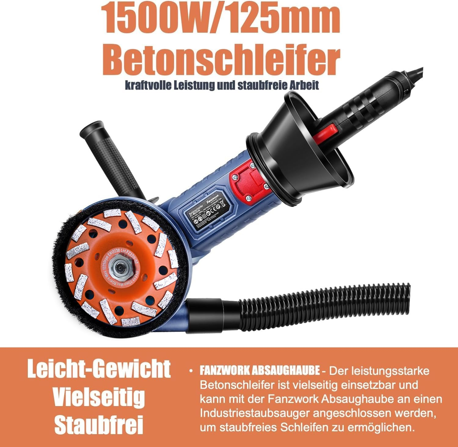 Ein blauer und schwarzer Fanzwork Betonschleifer mit einer orangefarbenen Diamantschleifscheibe und einem Absaugschlauch.