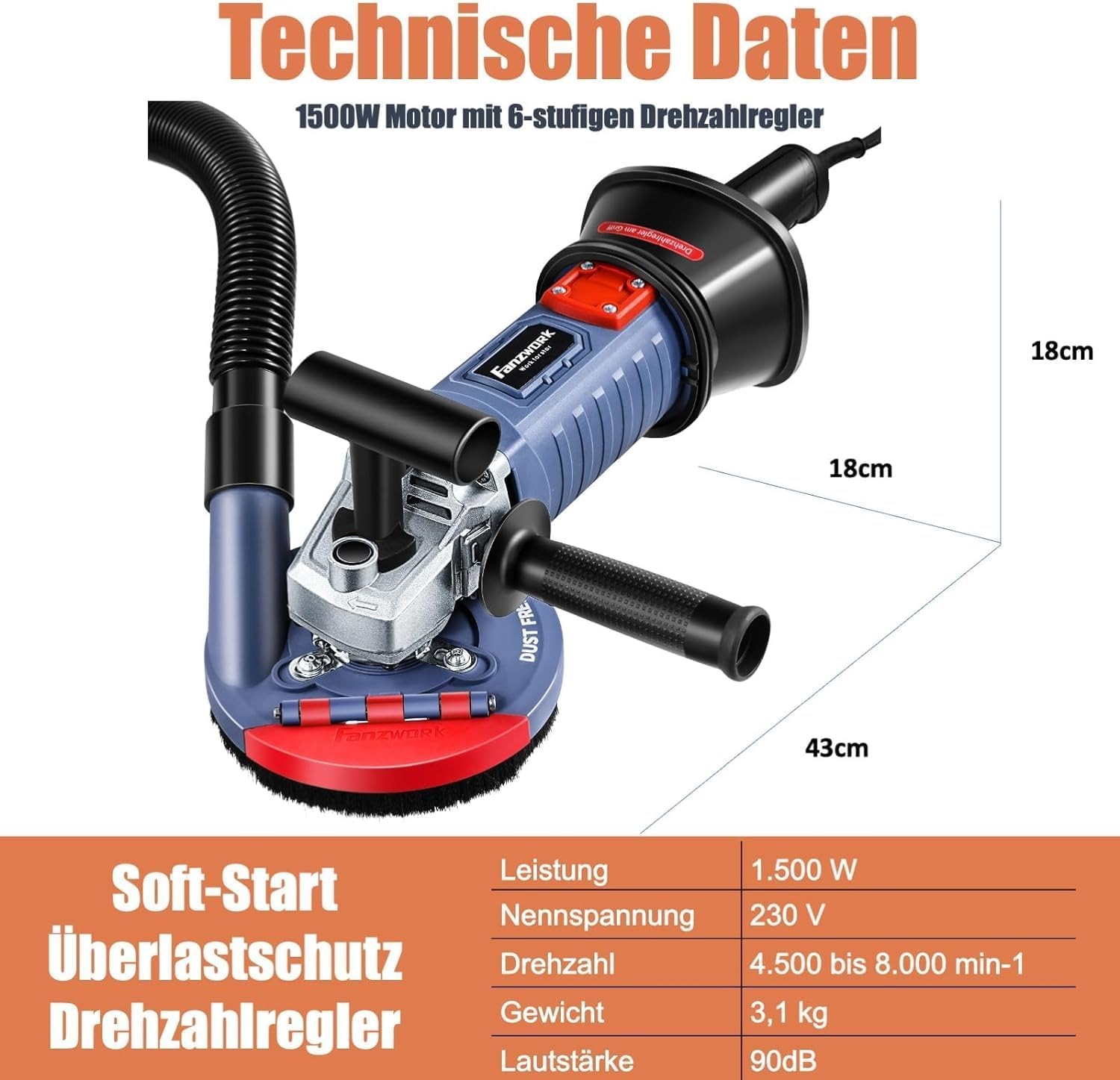 Blaue Trockenbauschleifmaschine mit schwarzem Schlauch und technischen Daten.