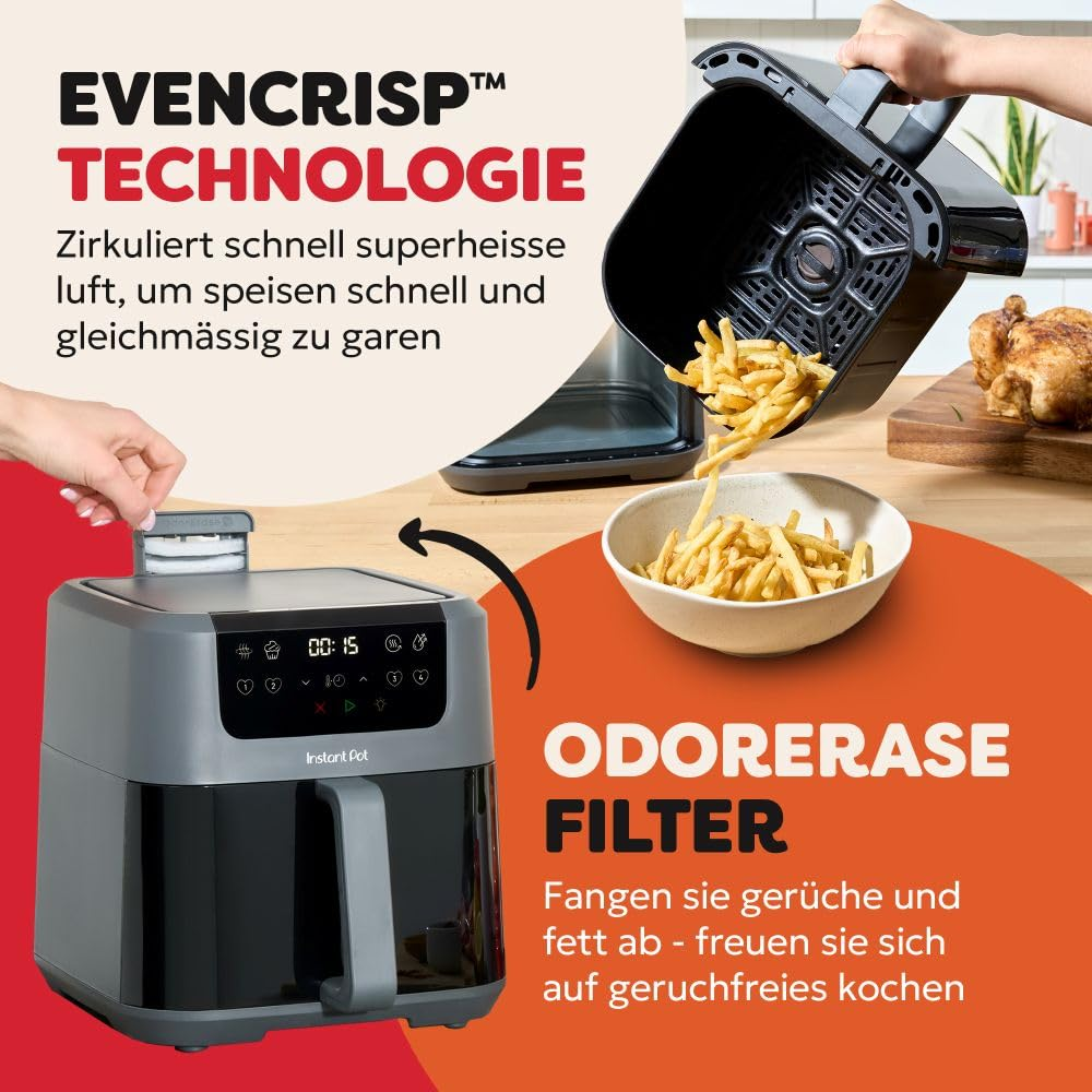 Friggitrice ad aria con tecnologia di circolazione rapida e filtro antiodore, versa patatine fritte in una ciotola.