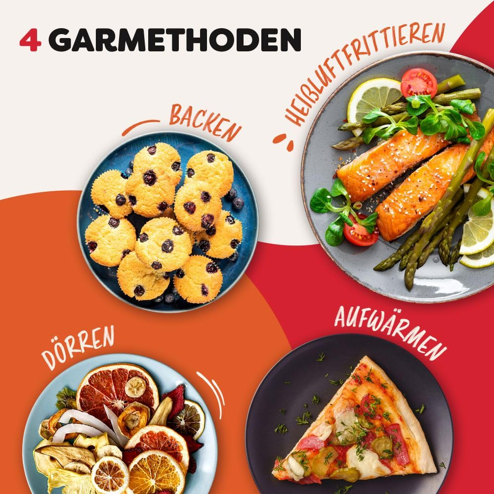 Un'immagine che mostra quattro metodi di cottura: cuocere muffin, friggere salmone, essiccare frutta e riscaldare pizza.