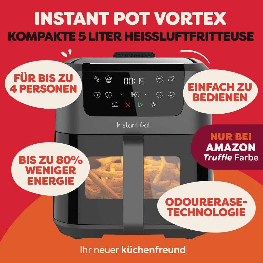 Una friggitrice ad aria Instant Pot Vortex su sfondo rosso con fumetti promozionali.