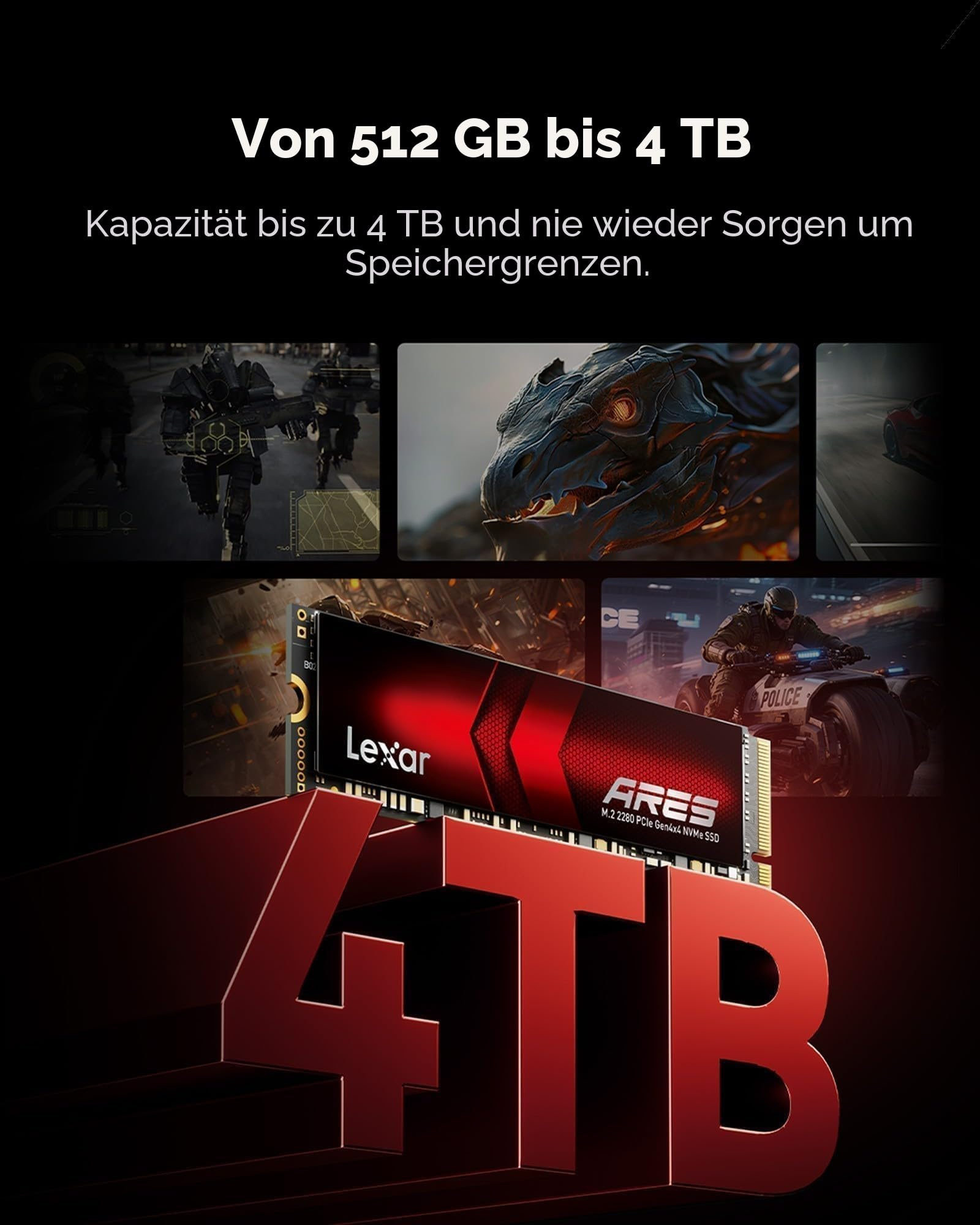 SSD Lexar ARES M.2 NVMe davanti a scritta rossa 4TB e scene di giochi.