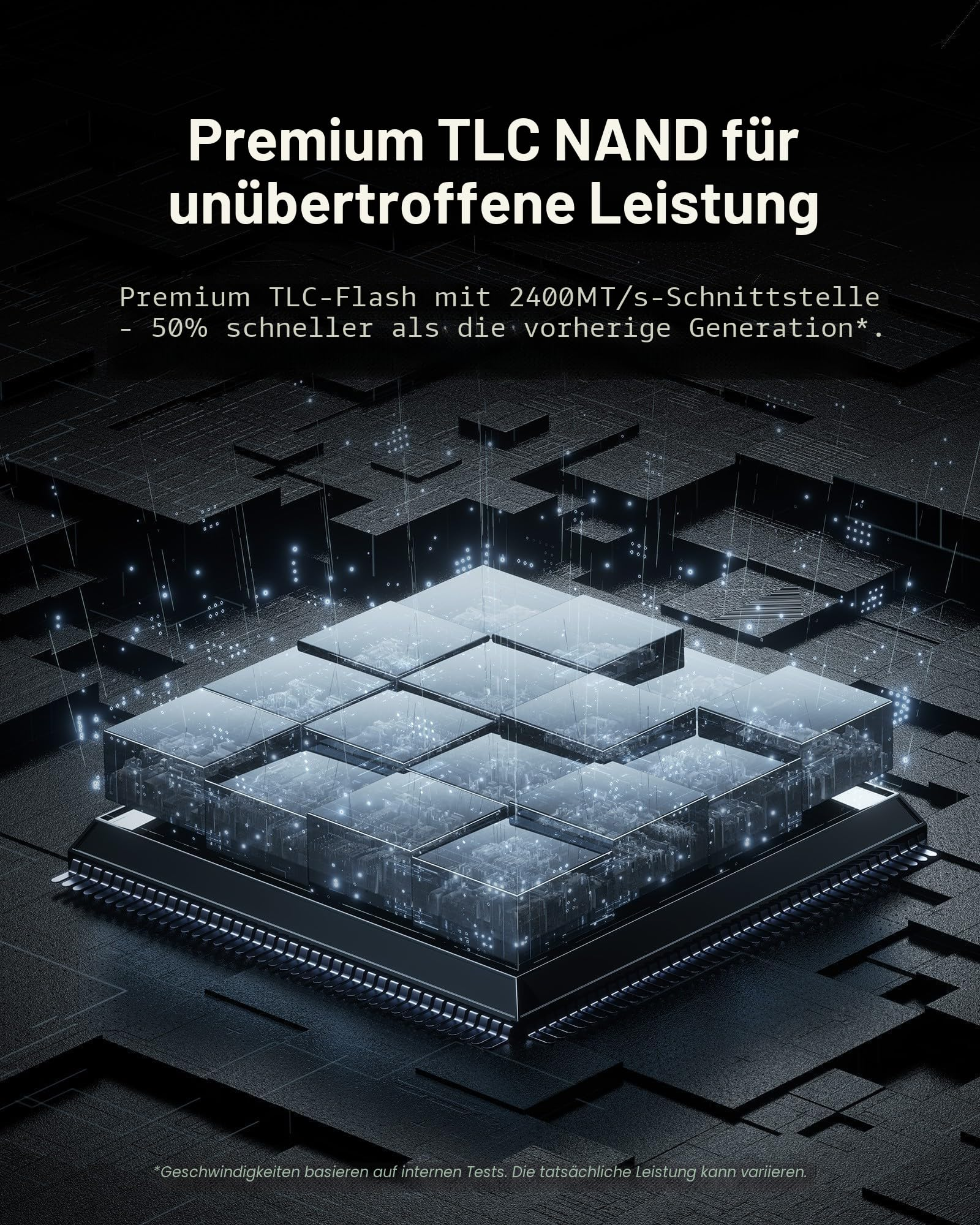 Diagramma 3D tecnico di un moderno chip per computer con strati lucidi su sfondo scuro.