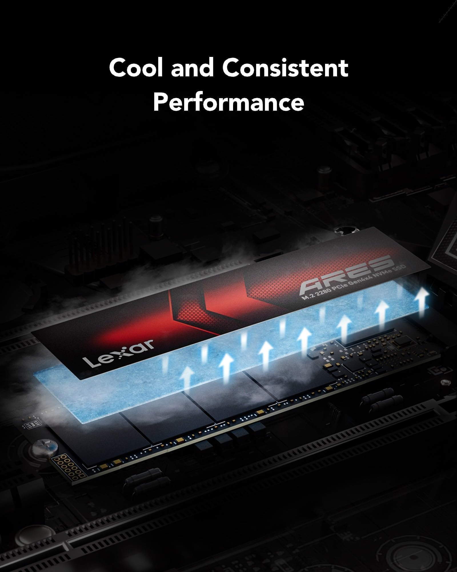 Un SSD Lexar ARES M.2 NVMe su scheda madre con grafica di raffreddamento blu e frecce verso l'alto.