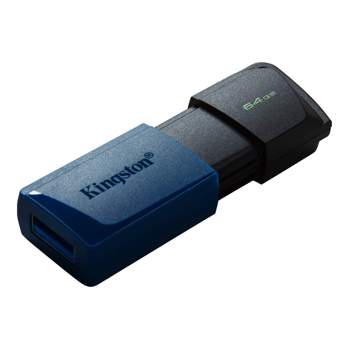 Beyaz arka planda mavi gövdeli ve siyah kapaklı 64 GB Kingston USB bellek.