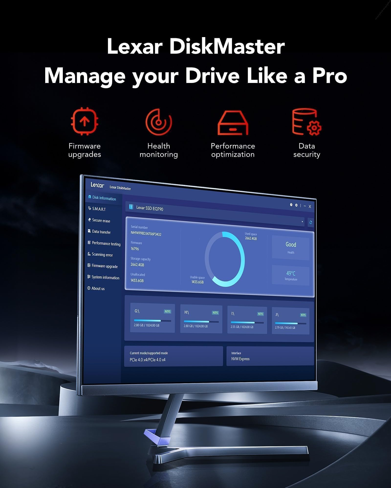 Interfaccia software Lexar DiskMaster su un monitor che mostra lo stato.