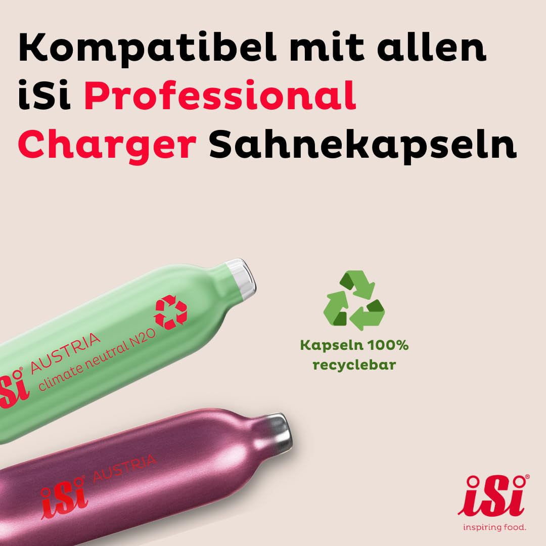 Image promotionnelle pour les cartouches de crème iSi Professional Charger avec des produits vert et rose.