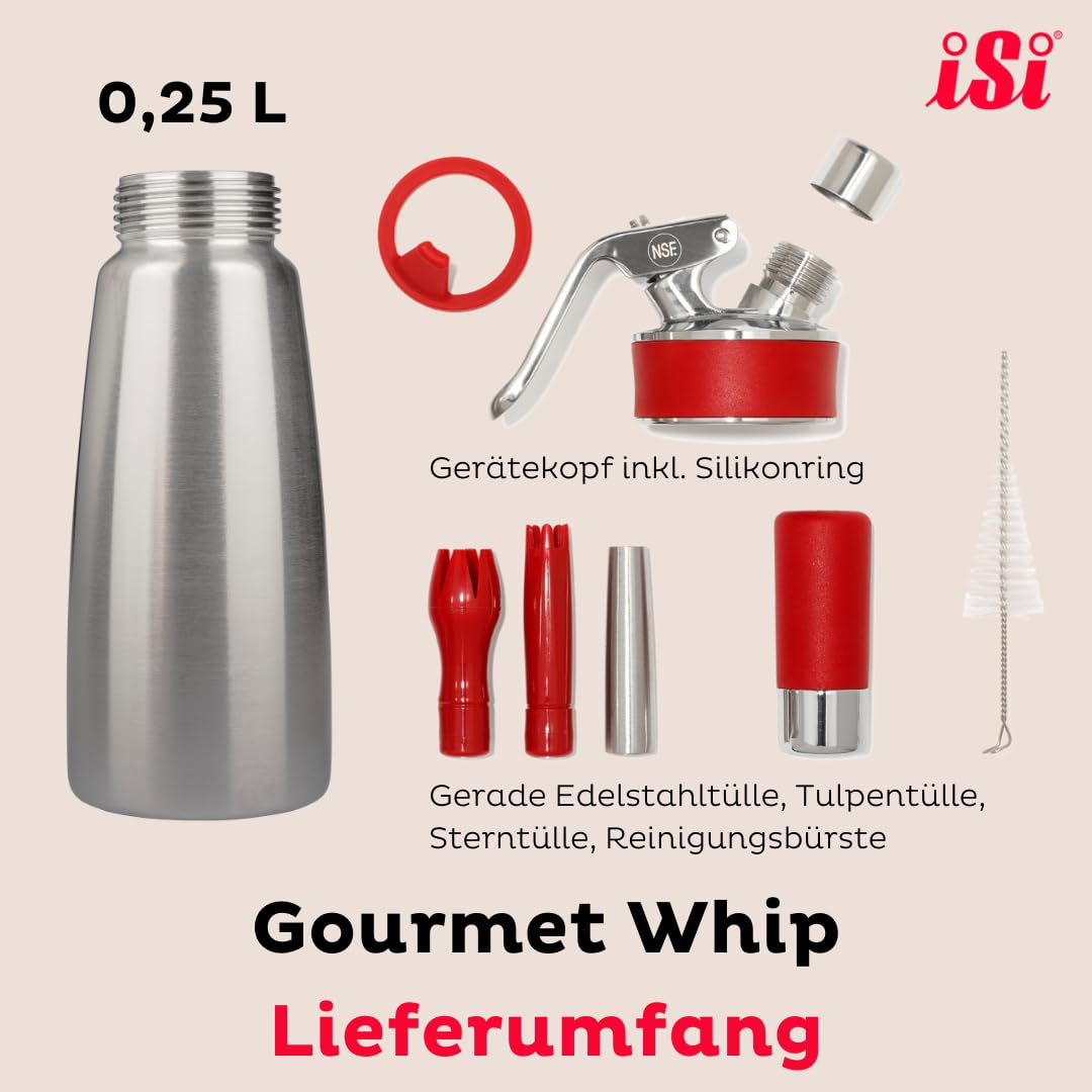 iSi Gourmet Whip 0,25L contenu avec bouteille inox, tête, douilles et brosse.