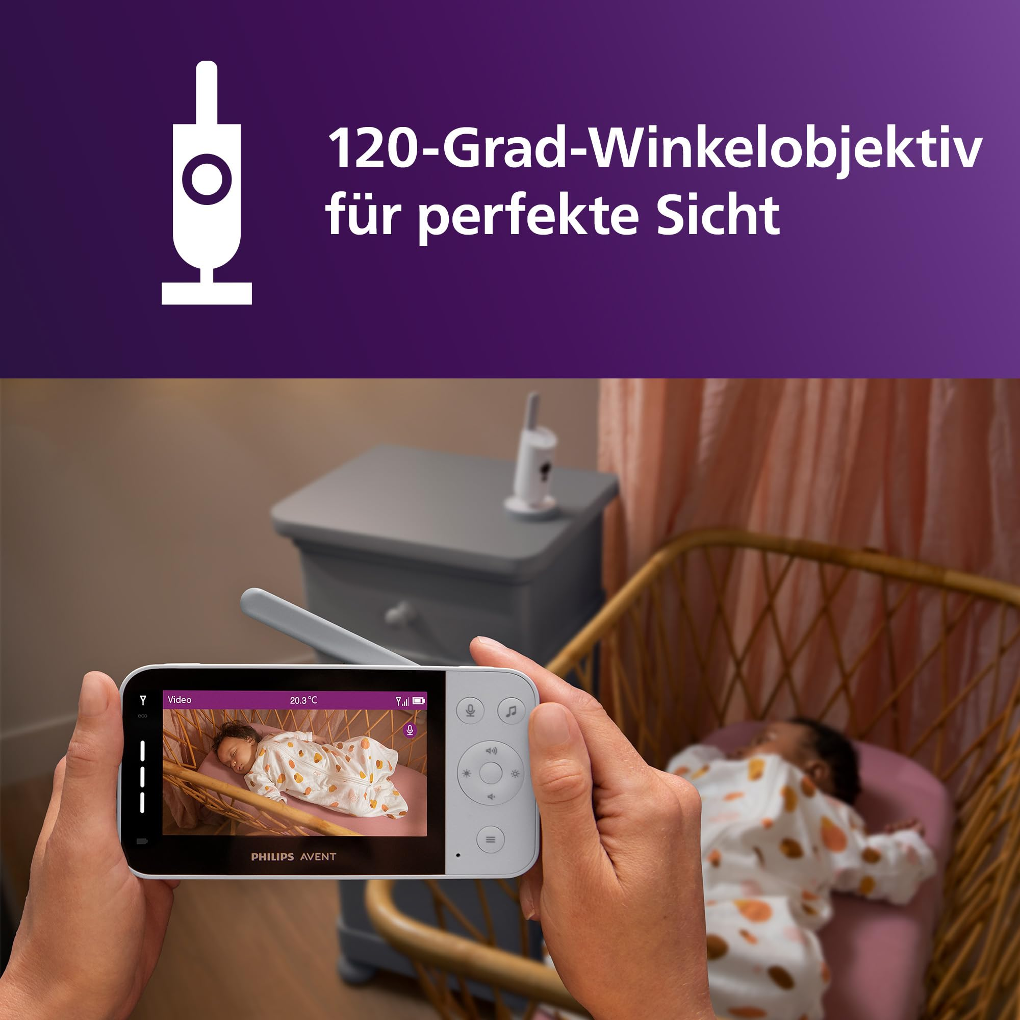Personne tenant un baby-phone vidéo Philips Avent montrant un bébé endormi.