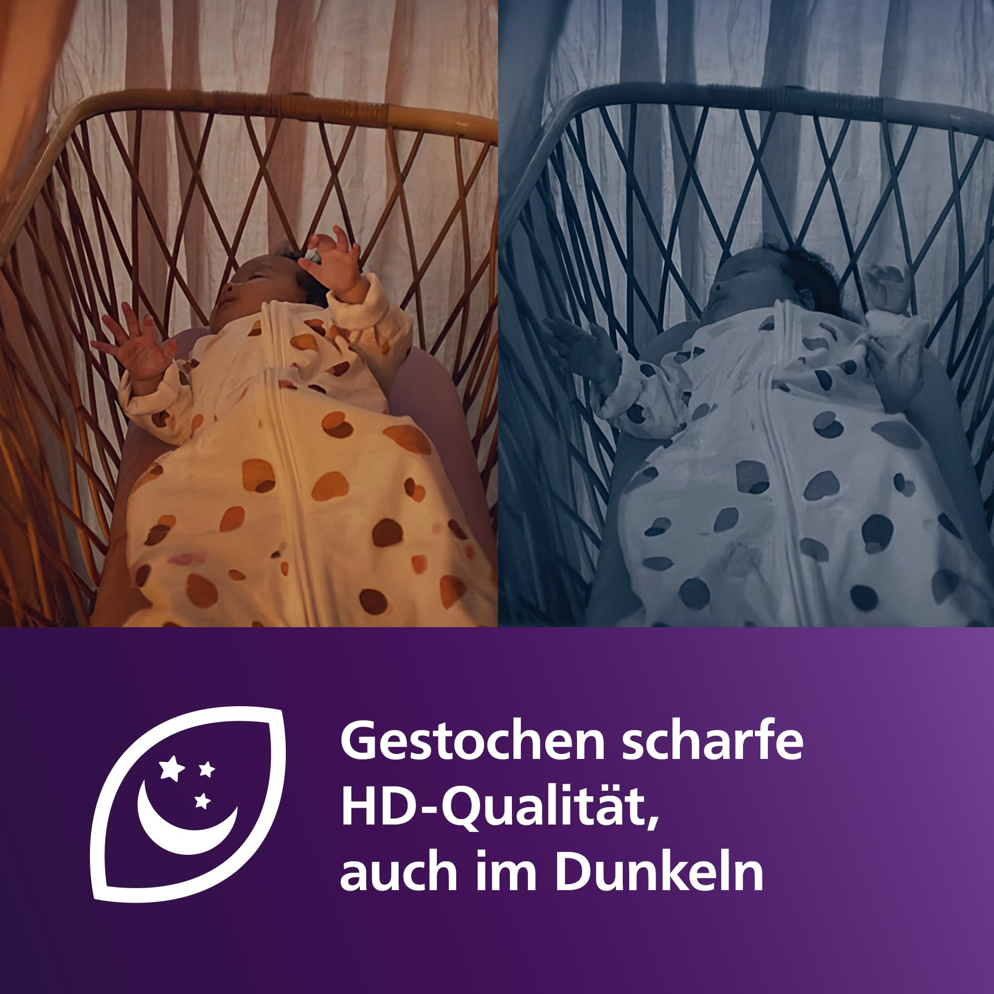Un bébé dort dans un lit en osier, en vision de jour et de nuit avec du texte allemand sur la qualité HD.