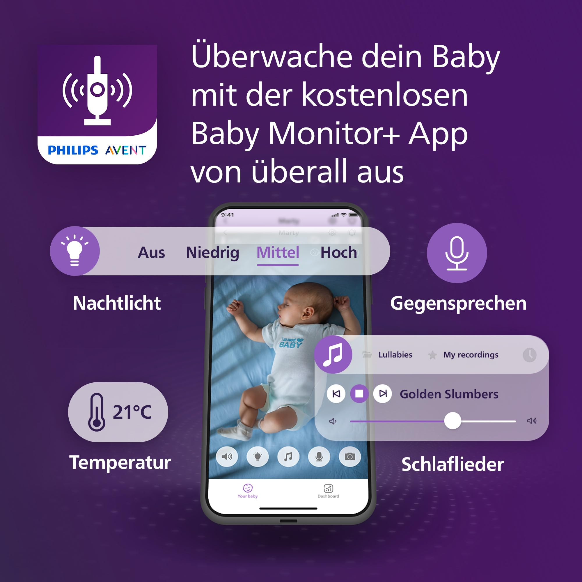 Smartphone affichant l'appli de babyphone avec contrôles pour veilleuse, température, interphone et berceuses.