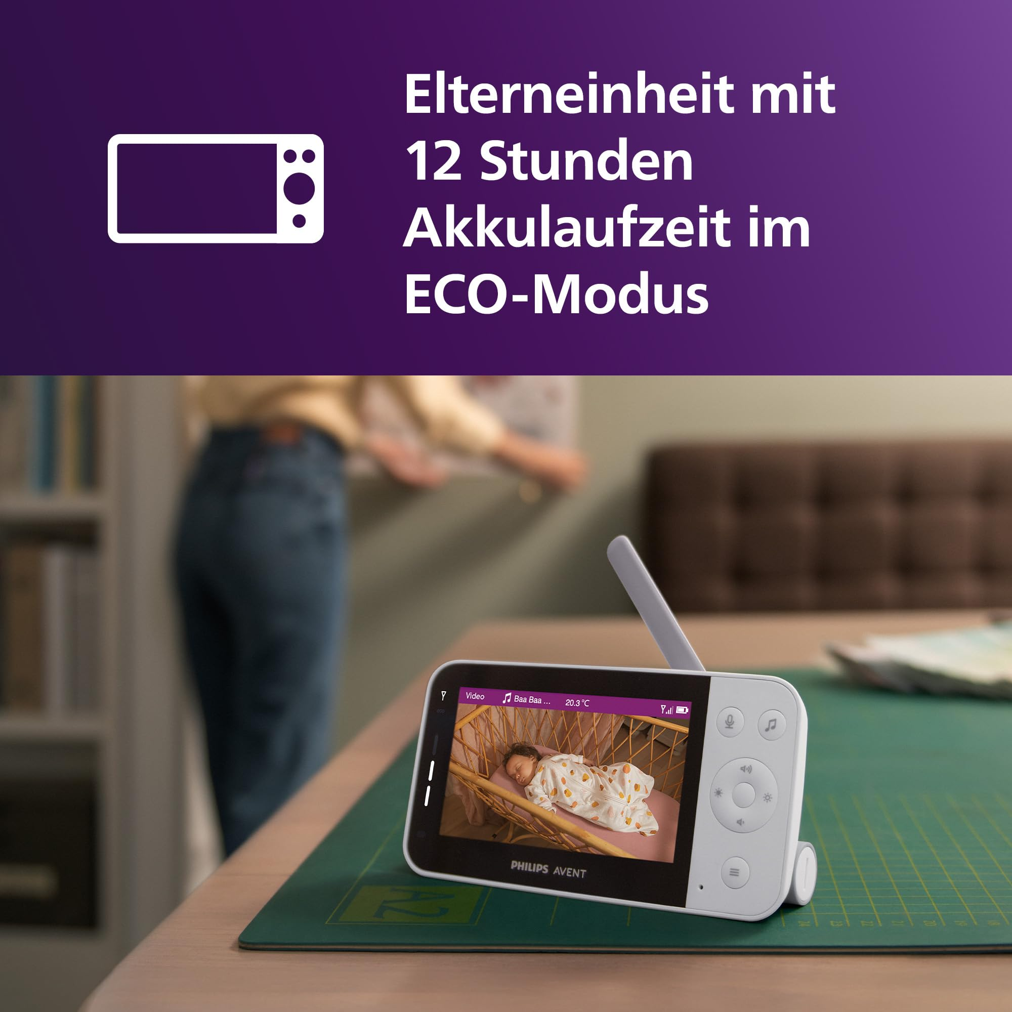 Unité parents avec 12h d'autonomie en mode ECO. Un écoute-bébé montre un bébé endormi dans son lit.