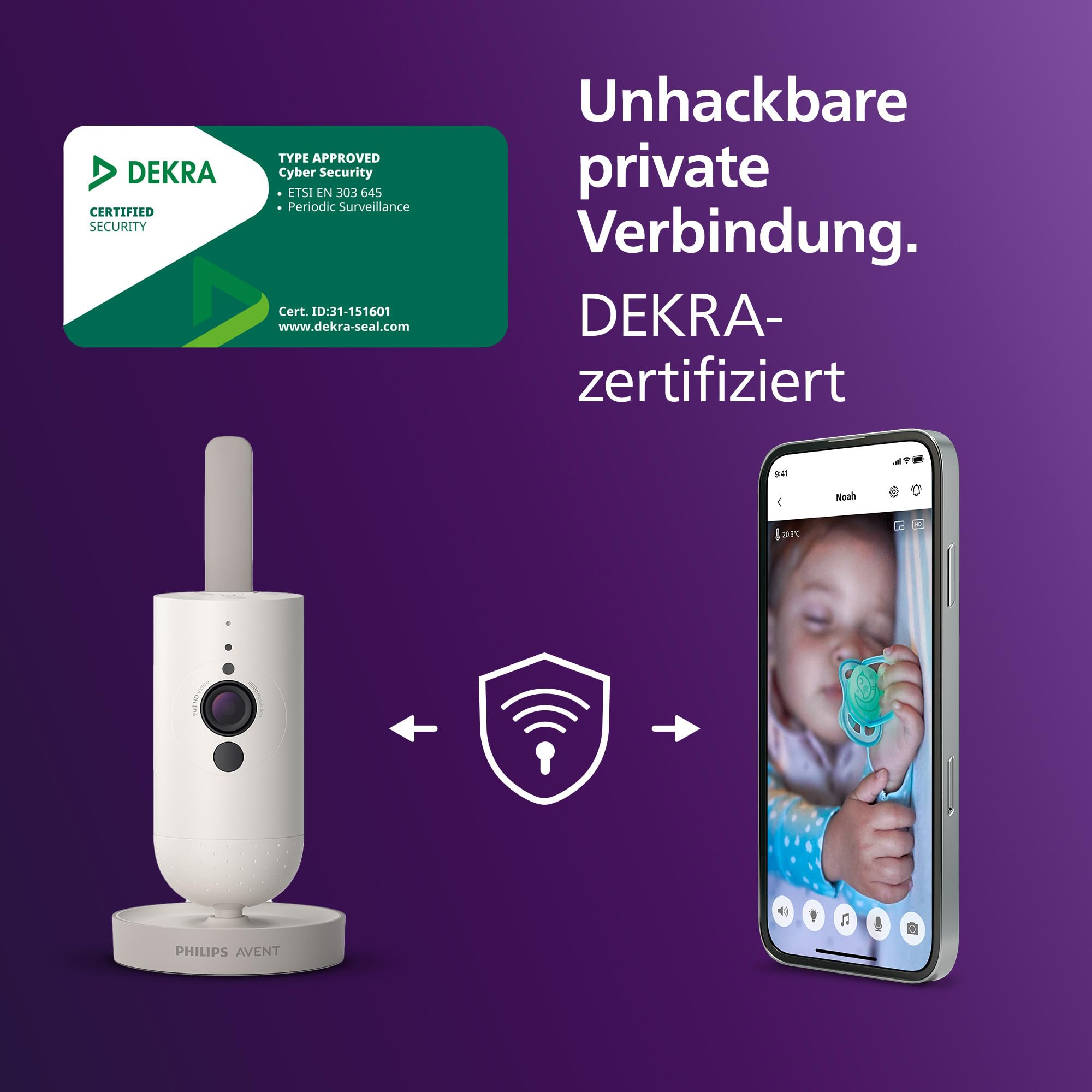 Écoute-bébé Philips Avent avec connexion sécurisée au smartphone, certifié Dekra.