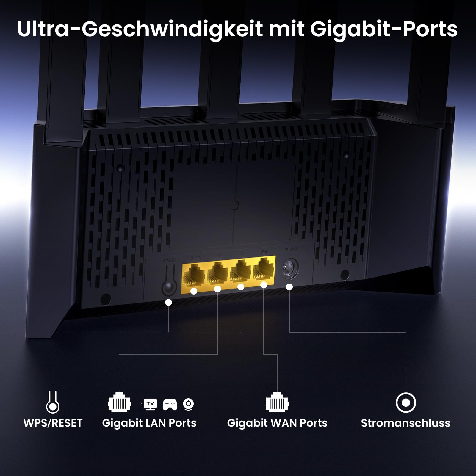Retro di un router nero con quattro porte LAN gigabit, porta WAN, pulsante WPS/reset e connettore di alimentazione.