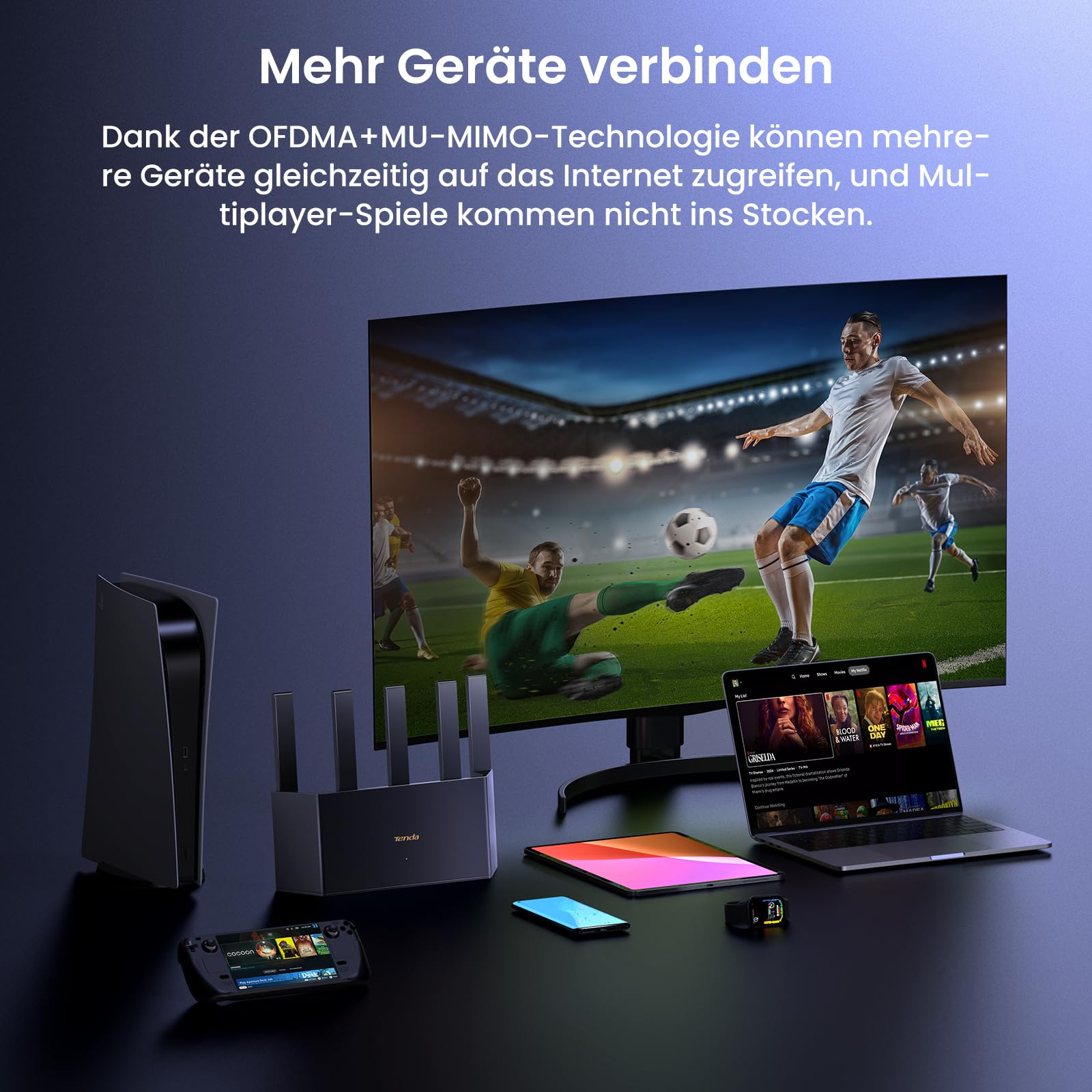 Un router con dispositivi connessi come console, laptop e TV, che mostra una connessione fluida.