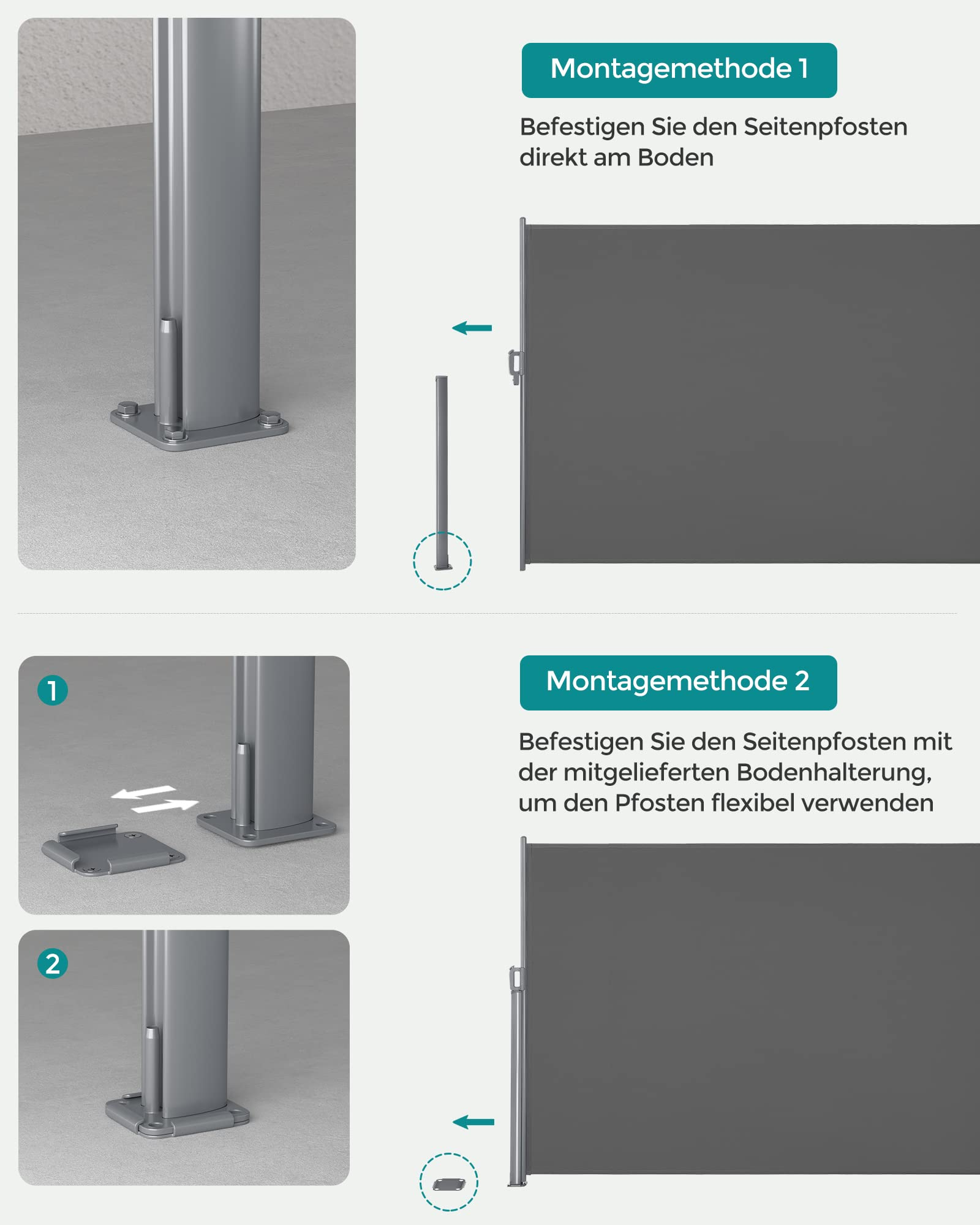 Anleitung zur Montage eines Seitenpfostens mit zwei verschiedenen Methoden auf dem Boden.