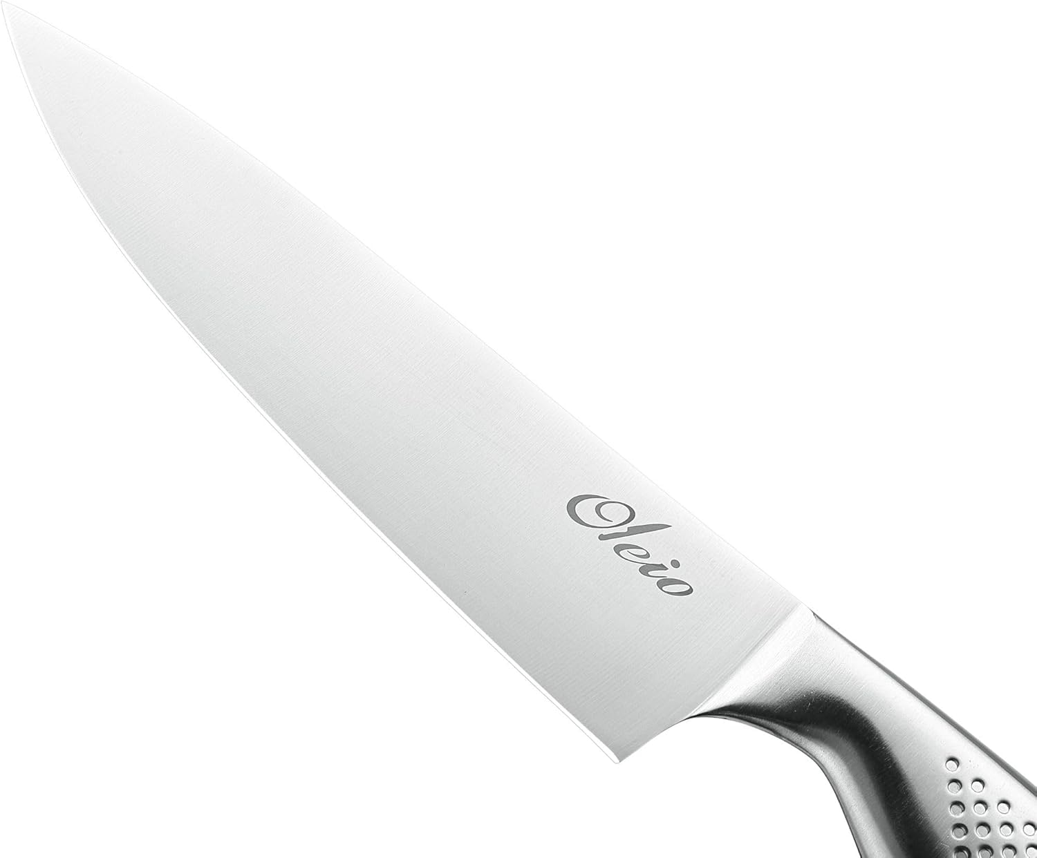 Ein silbernes Küchenmesser mit der Aufschrift 'Veio' auf der Klinge vor weißem Hintergrund.