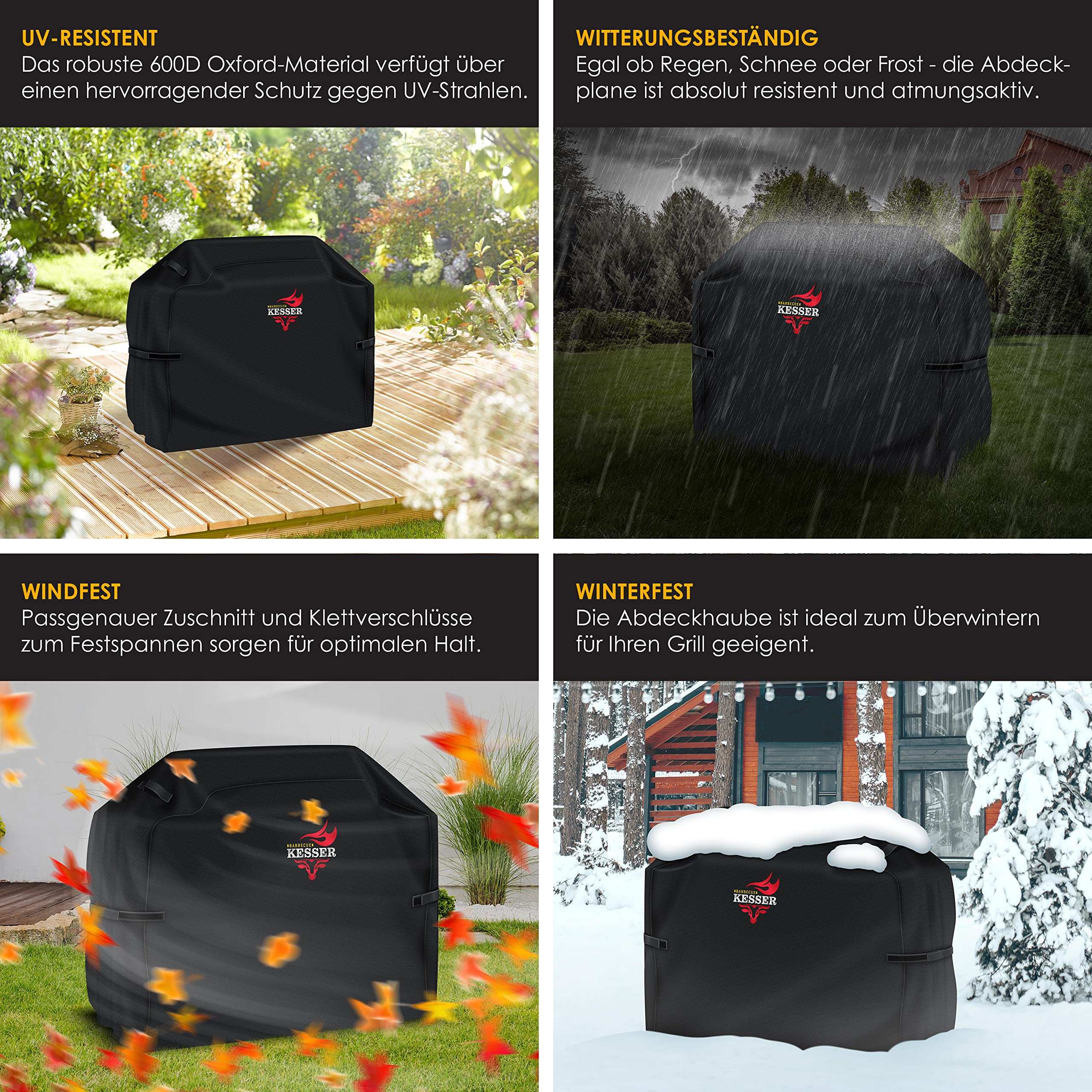 Vier Bilder zeigen eine schwarze Grillabdeckplane unter verschiedenen Wetterbedingungen.