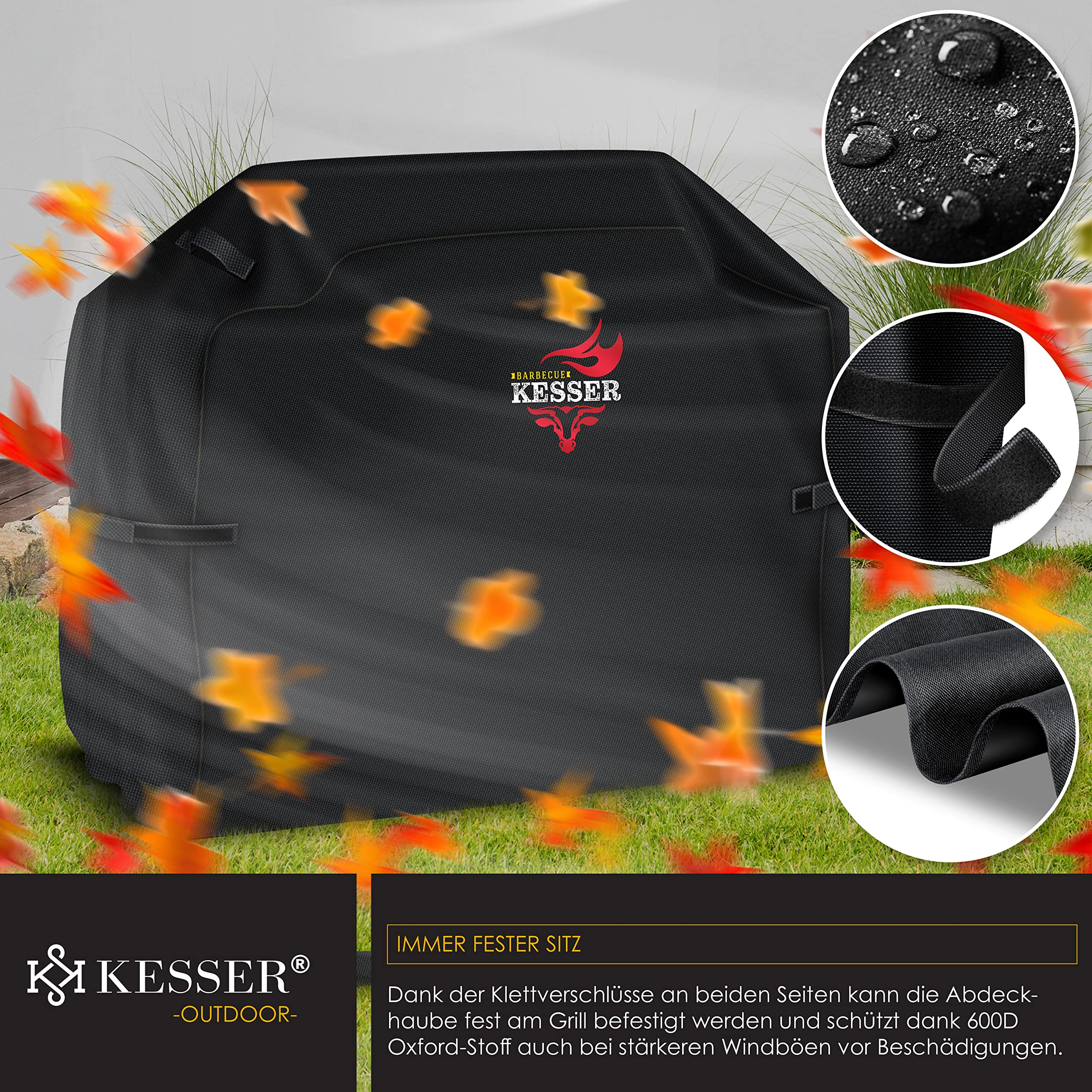 Eine schwarze Kesser Grillabdeckung auf Gras mit herabfallenden Blättern und Detailbildern des Materials und Klettverschlusses.