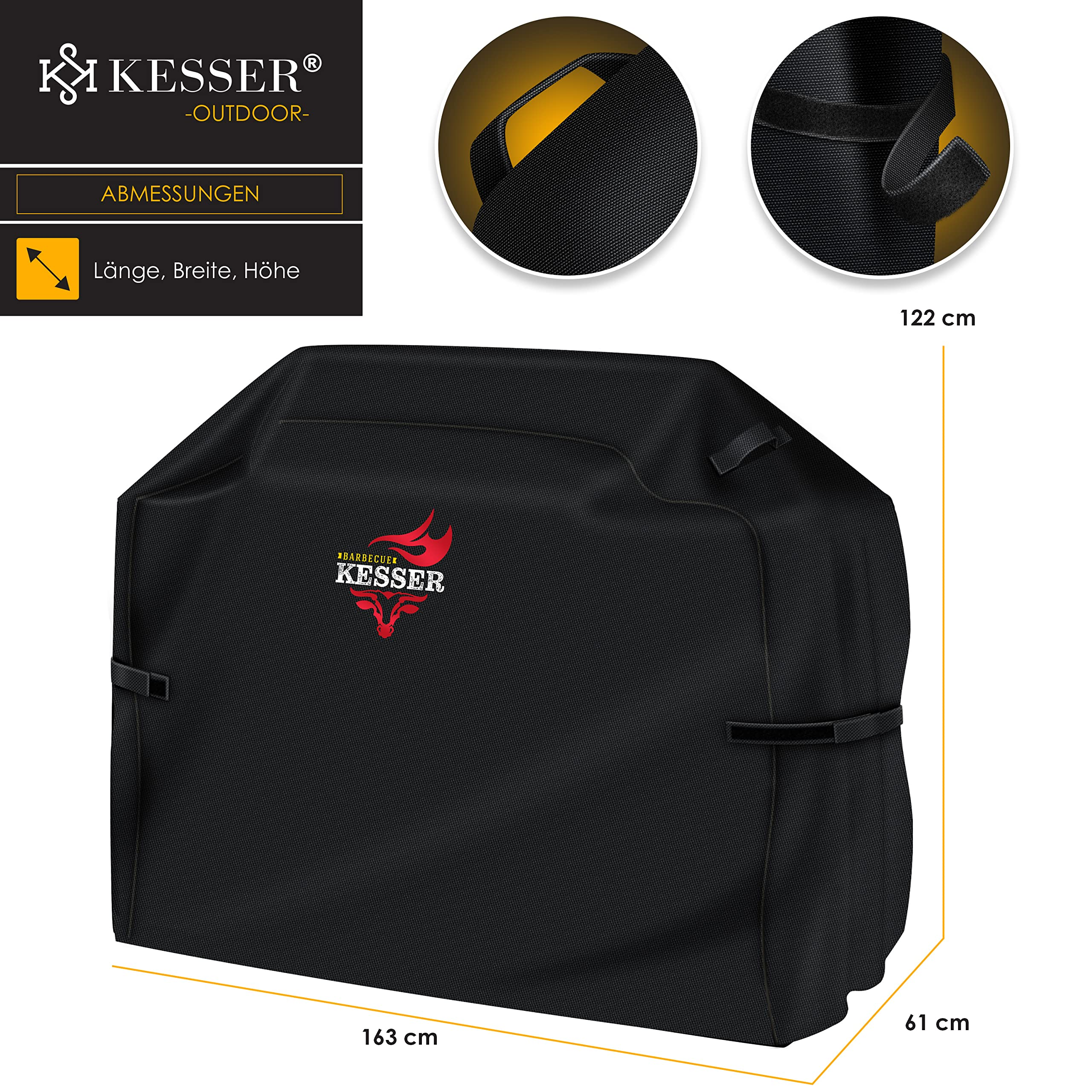 Schwarze Kesser Grillabdeckung mit Logo, Maßen und Detailaufnahmen von Griffen und Klettverschlüssen.