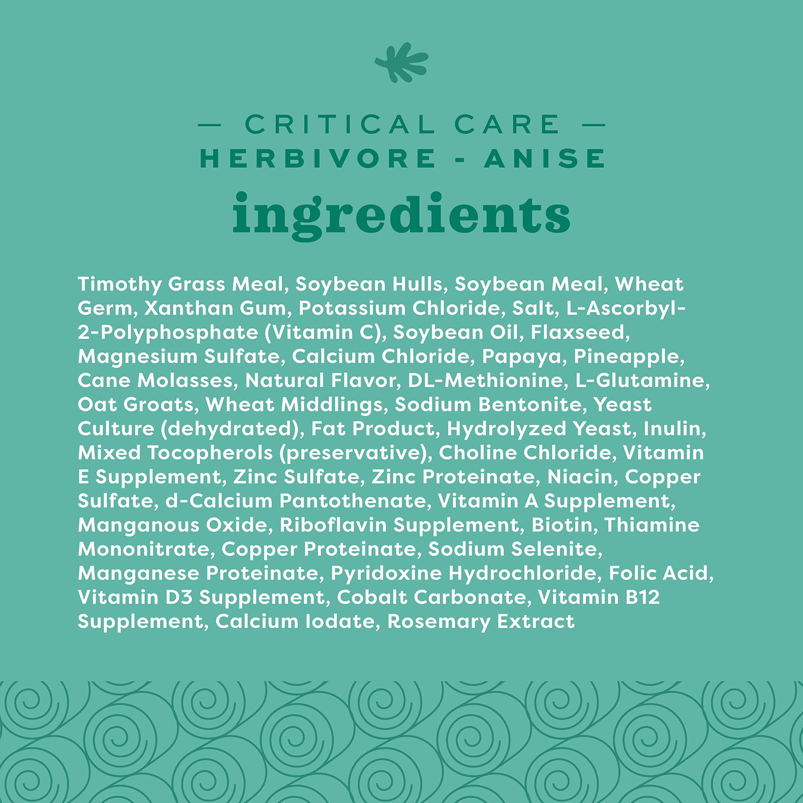 Zutatenliste für Critical Care Herbivore Anise auf türkisfarbenem Grund mit Wirbelmuster.