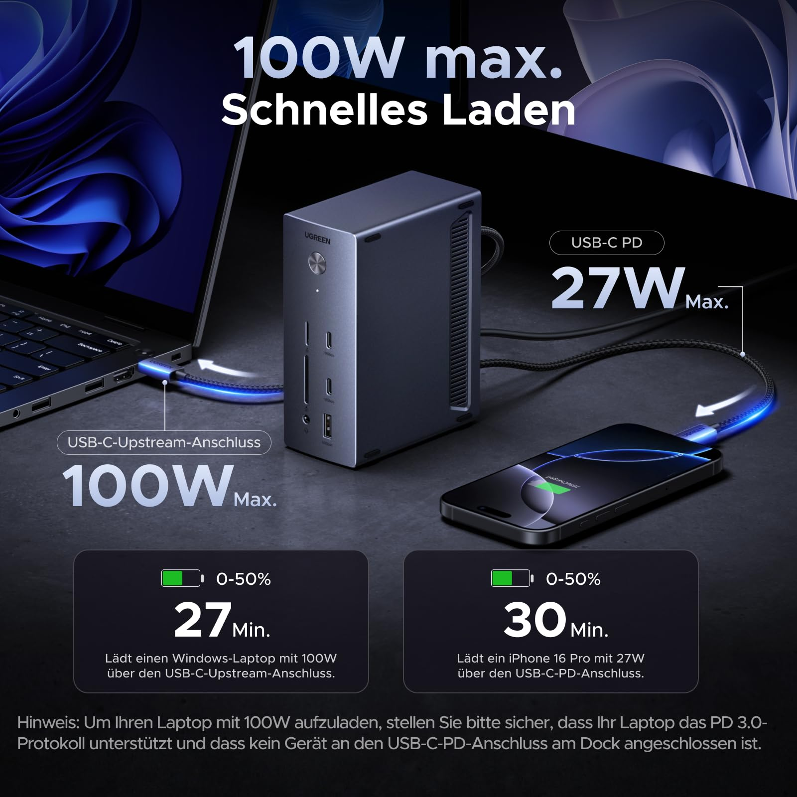 Una docking station Ugreen carica un laptop e uno smartphone con 100W e 27W.