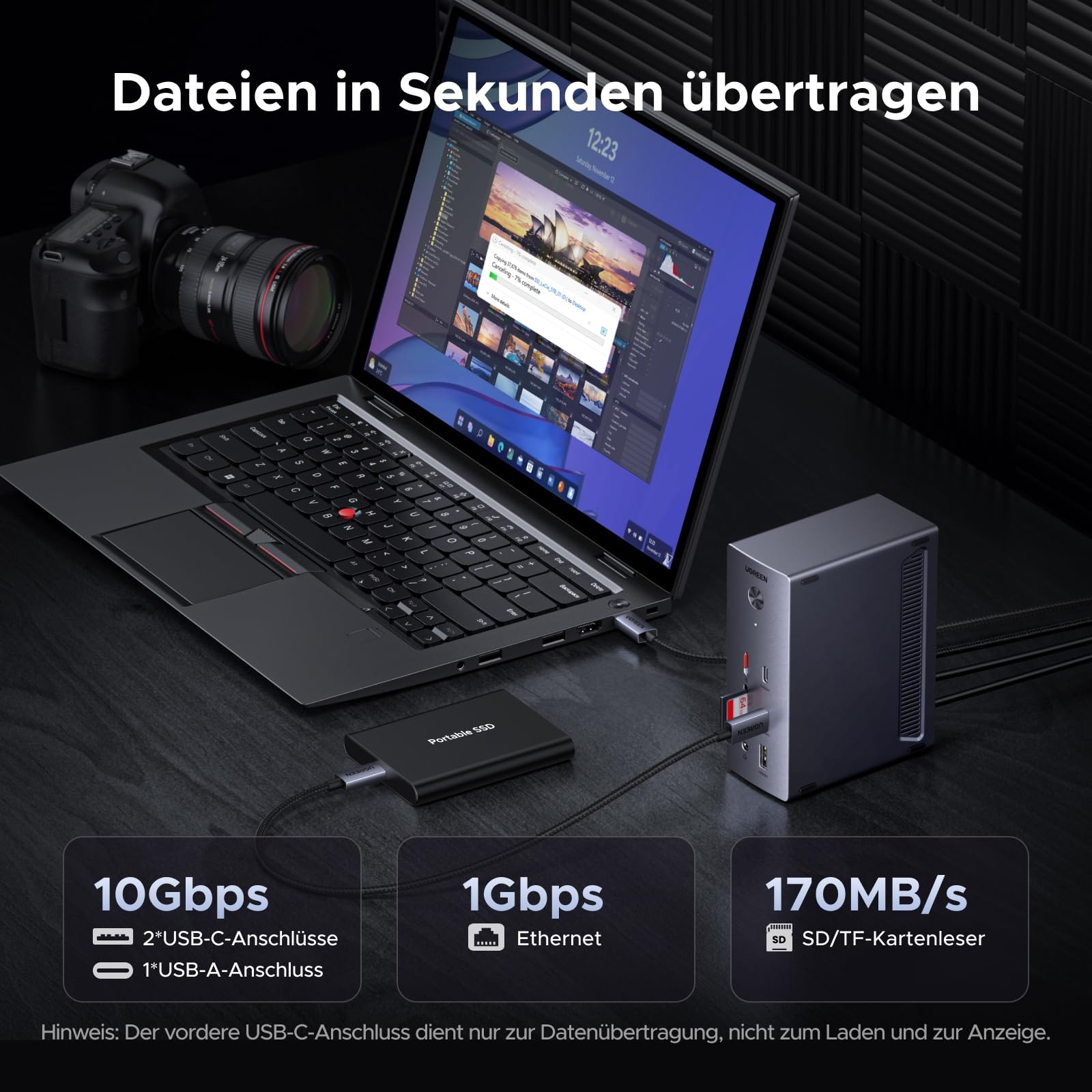 Laptop collegato a dock e SSD esterno, con testi sovrapposti che indicano le velocità.