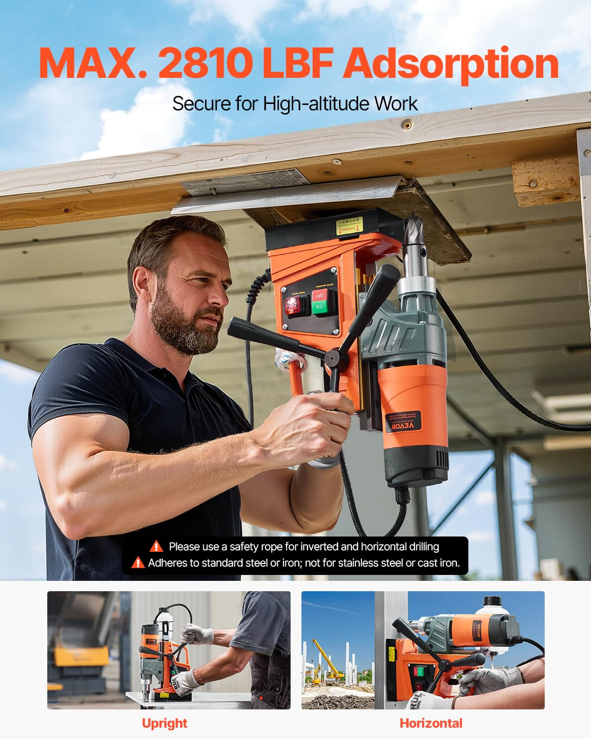 Ein Arbeiter bedient eine orange-schwarze Kernbohrmaschine, die magnetisch an einer Holz- und Metallstruktur haftet.