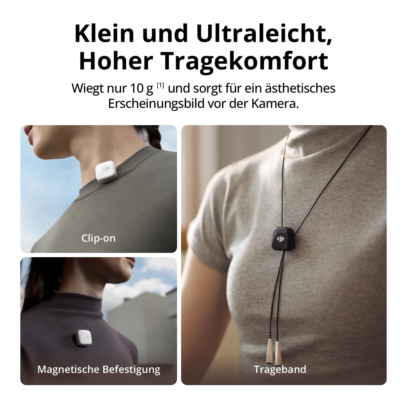 Plusieurs options de port pour un petit émetteur léger : clip, aimant et lanière.