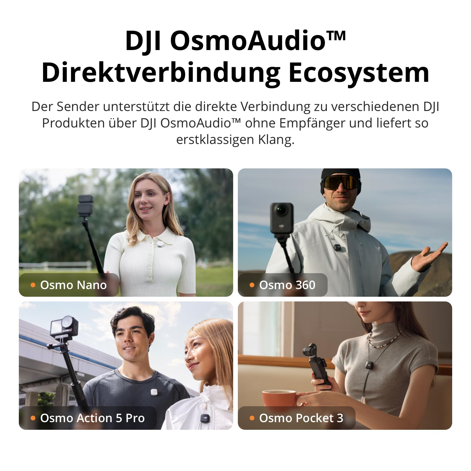 Écosystème de connexion directe DJI OsmoAudio avec quatre utilisateurs et stabilisateurs.