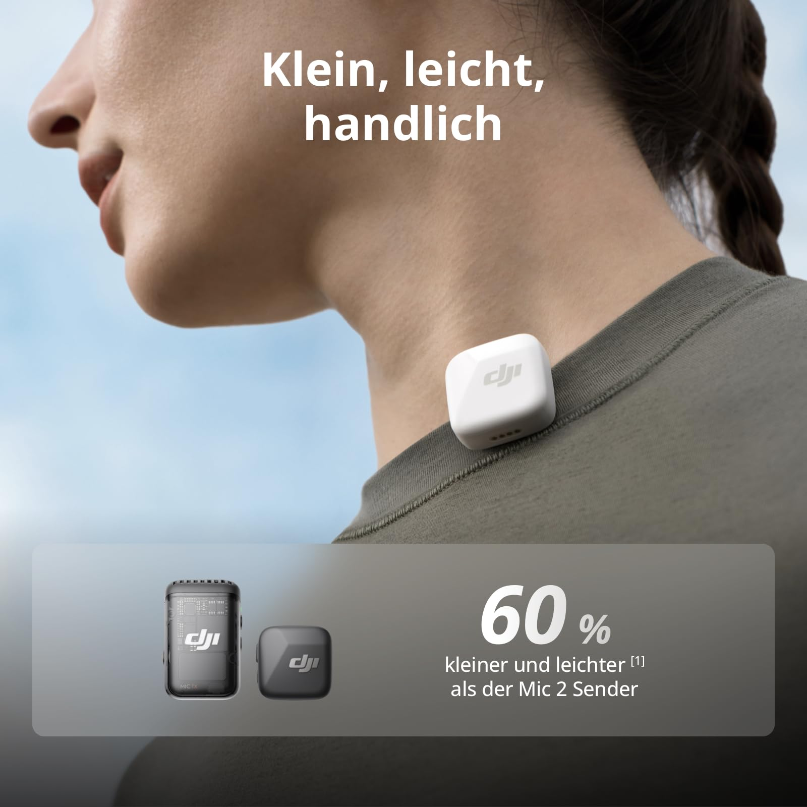 Une personne porte un petit microphone DJI blanc sur son col, avec du texte et un graphique.