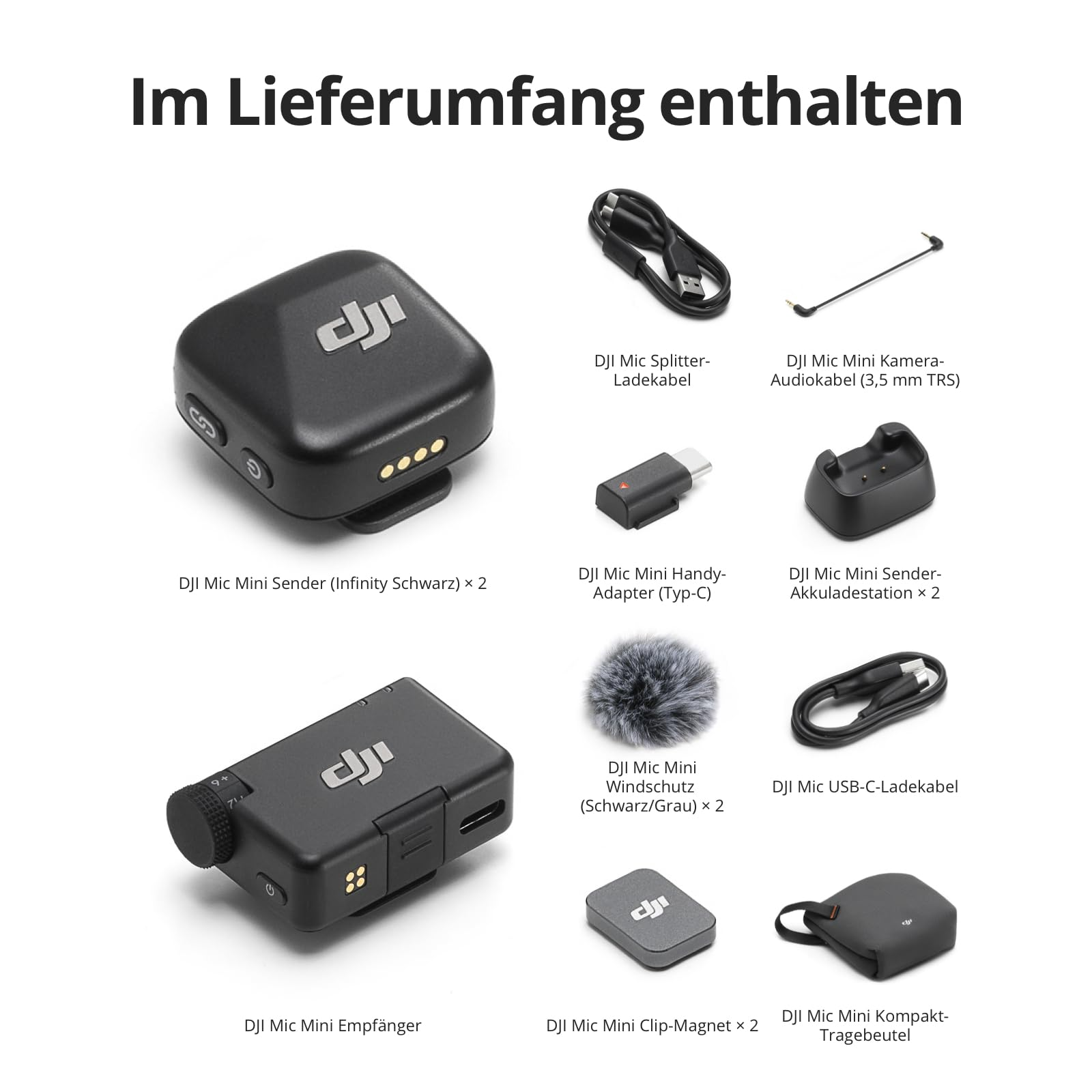 Contenu du DJI Mic Mini comprenant émetteurs, récepteurs, câbles, adaptateurs et accessoires.