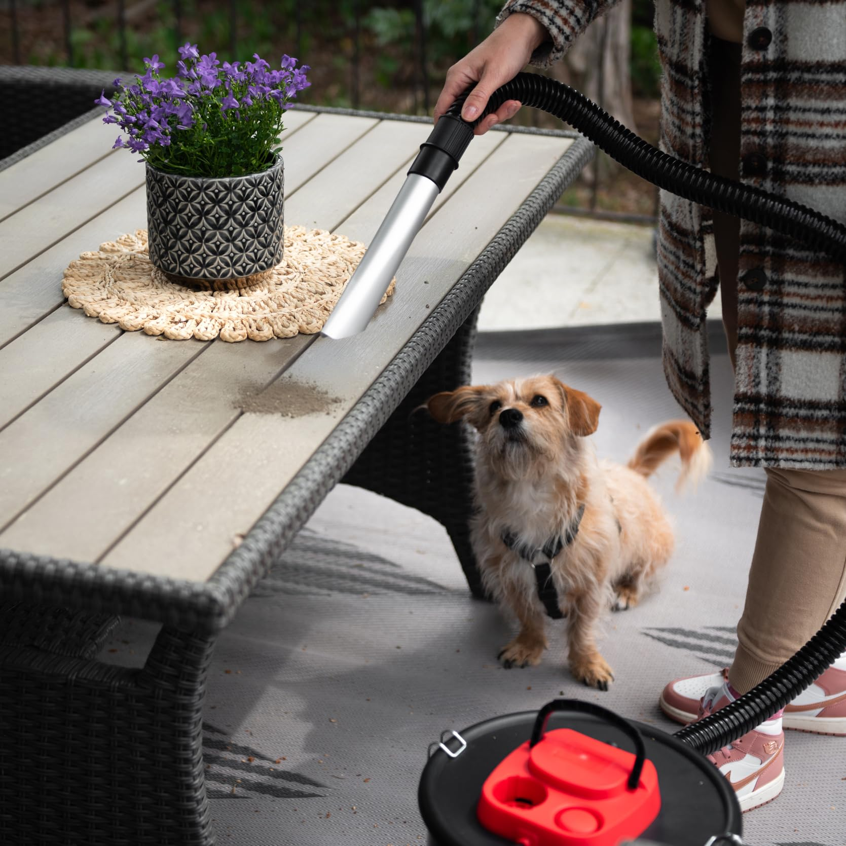 Una persona usa un aspirapolvere portatile per pulire un tavolo da giardino in legno mentre un cane guarda.