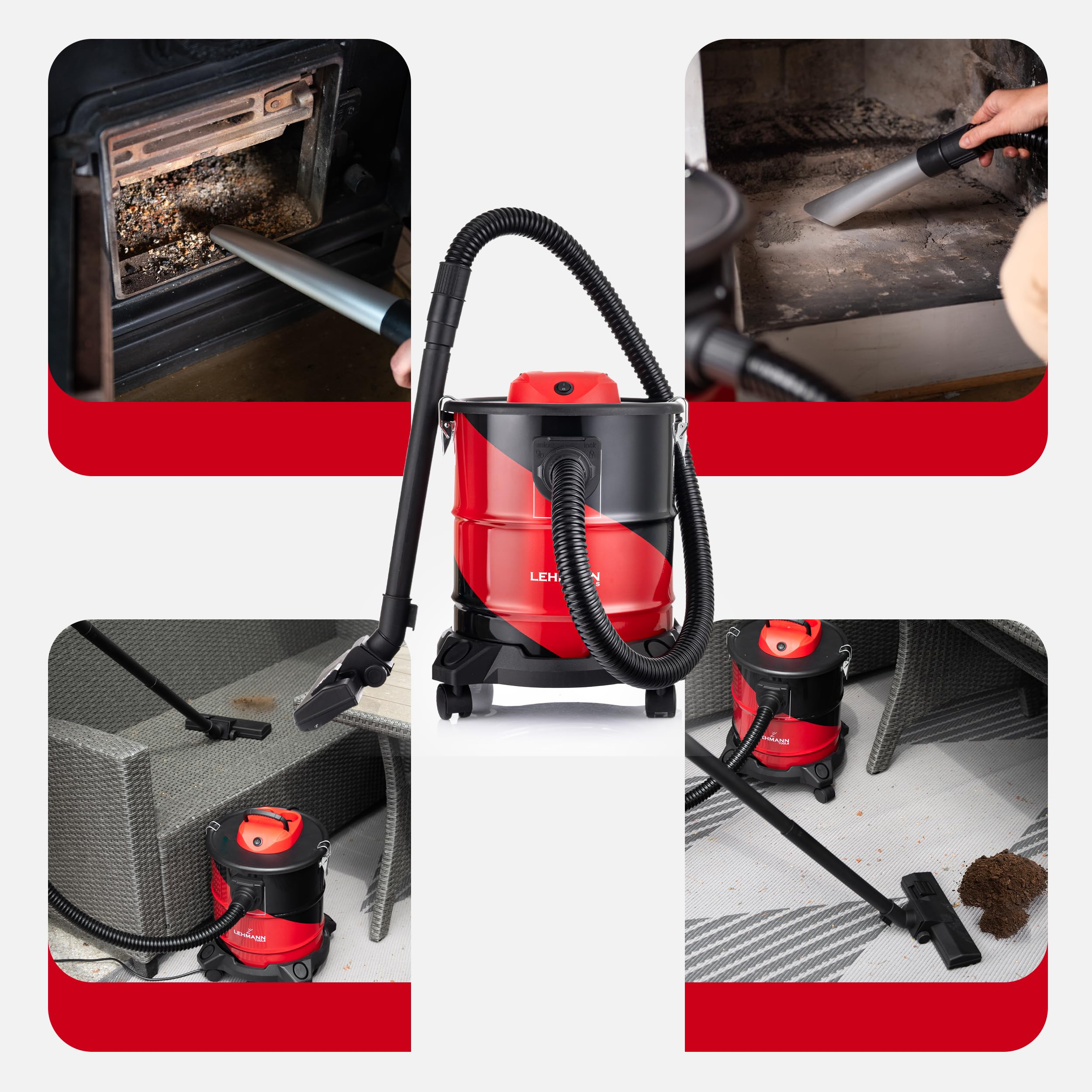 Un aspiracenere rosso e nero con accessori pulisce un camino, una stufa e mobili.