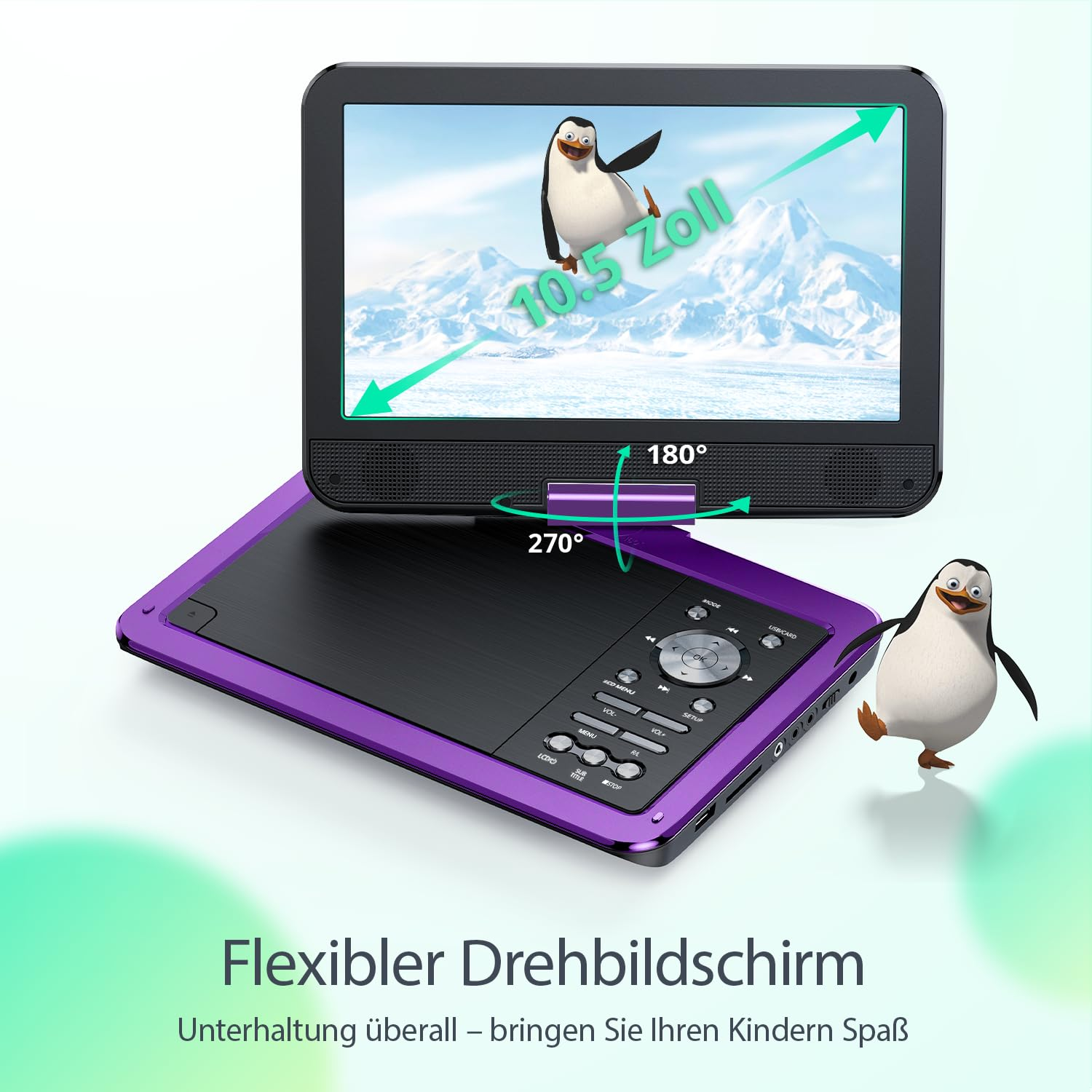 Tragbarer violetter DVD-Player mit 10,5-Zoll-Bildschirm und zwei Pinguin-Figuren auf weißem Hintergrund.