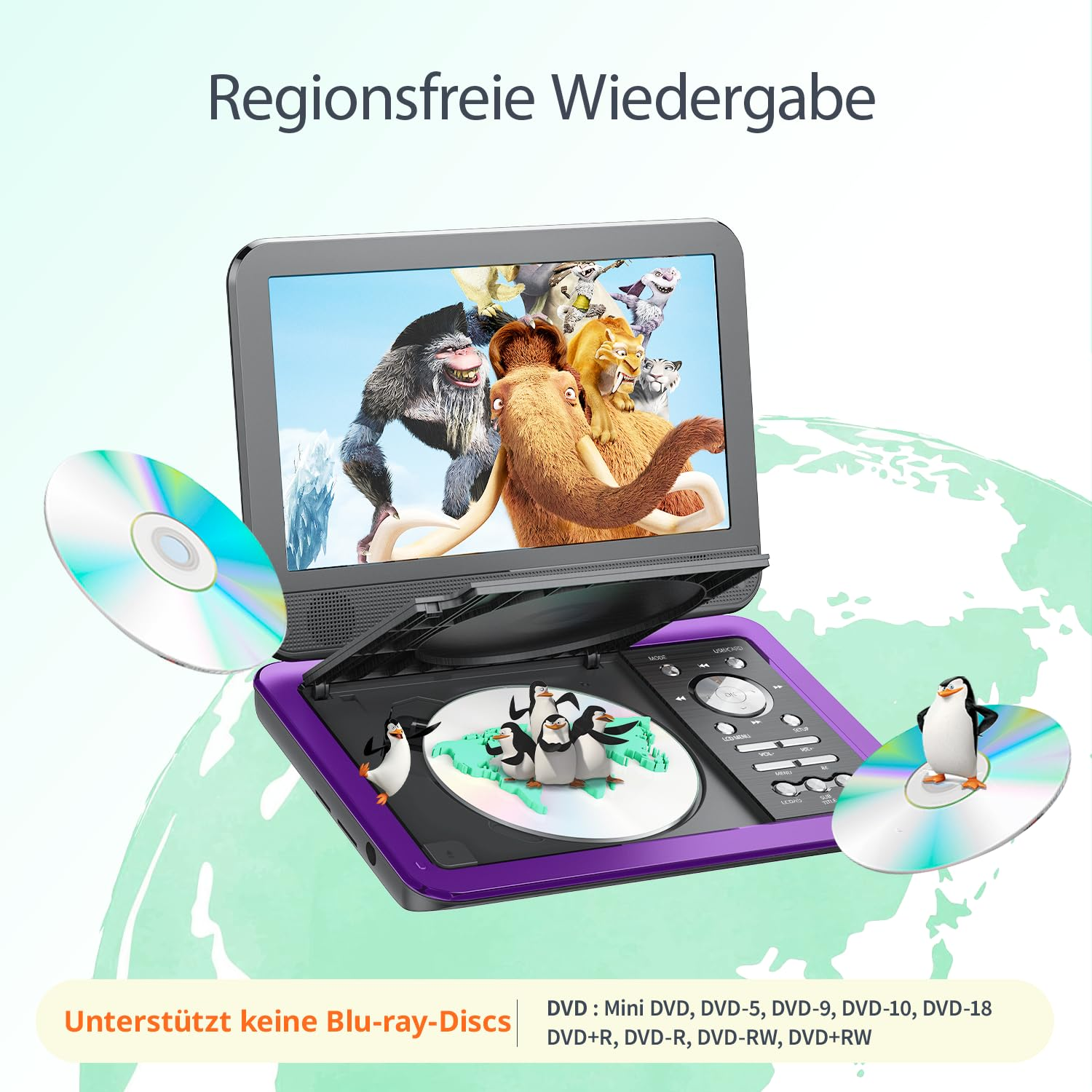 Tragbarer violetter DVD-Player mit Bildschirm, Ice Age-Bild und CDs.